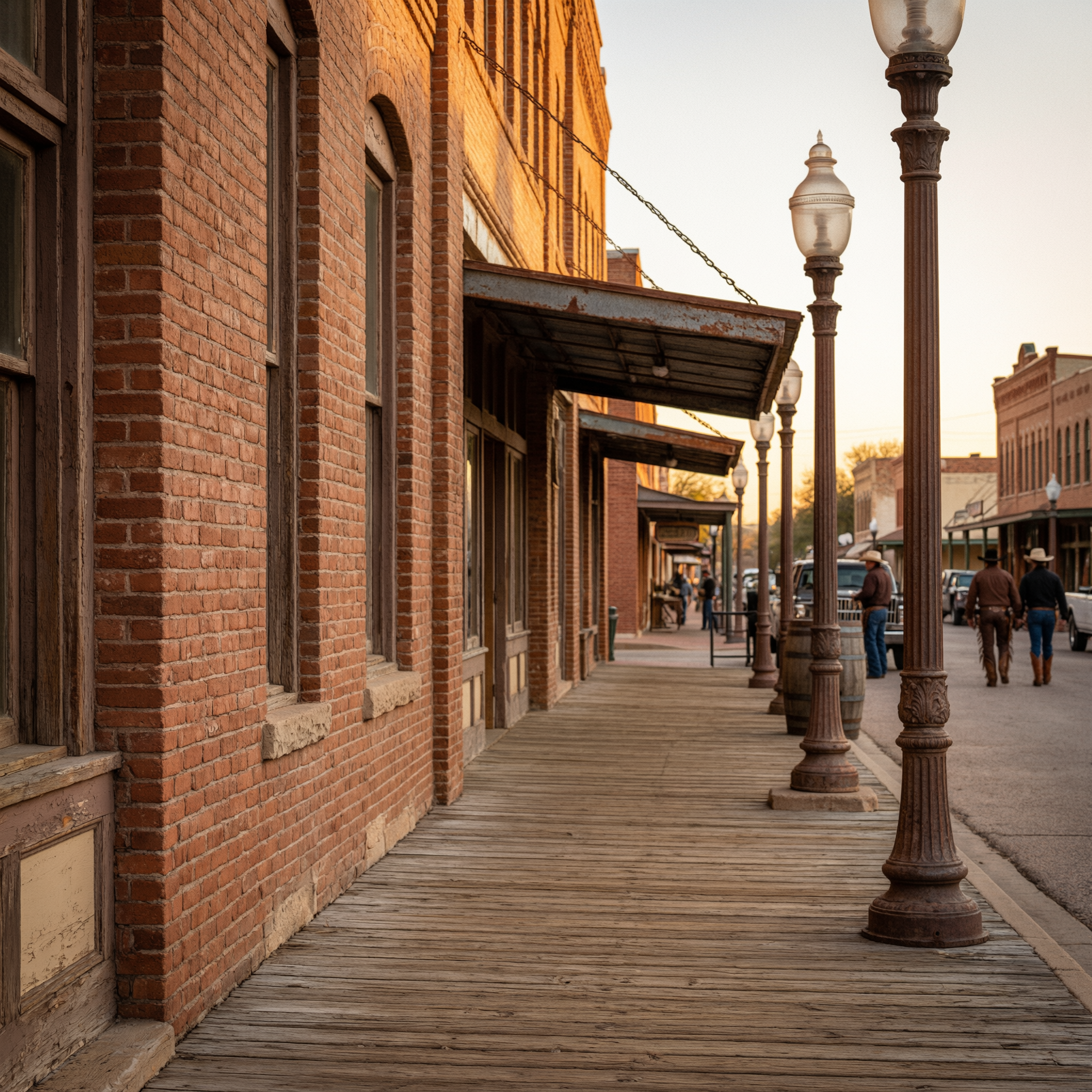 A wooden boardwalk lined with red brick buildings and vintage street lamps at the Fort Worth Stockyards during golden hour, with pedestrians visible in the distance