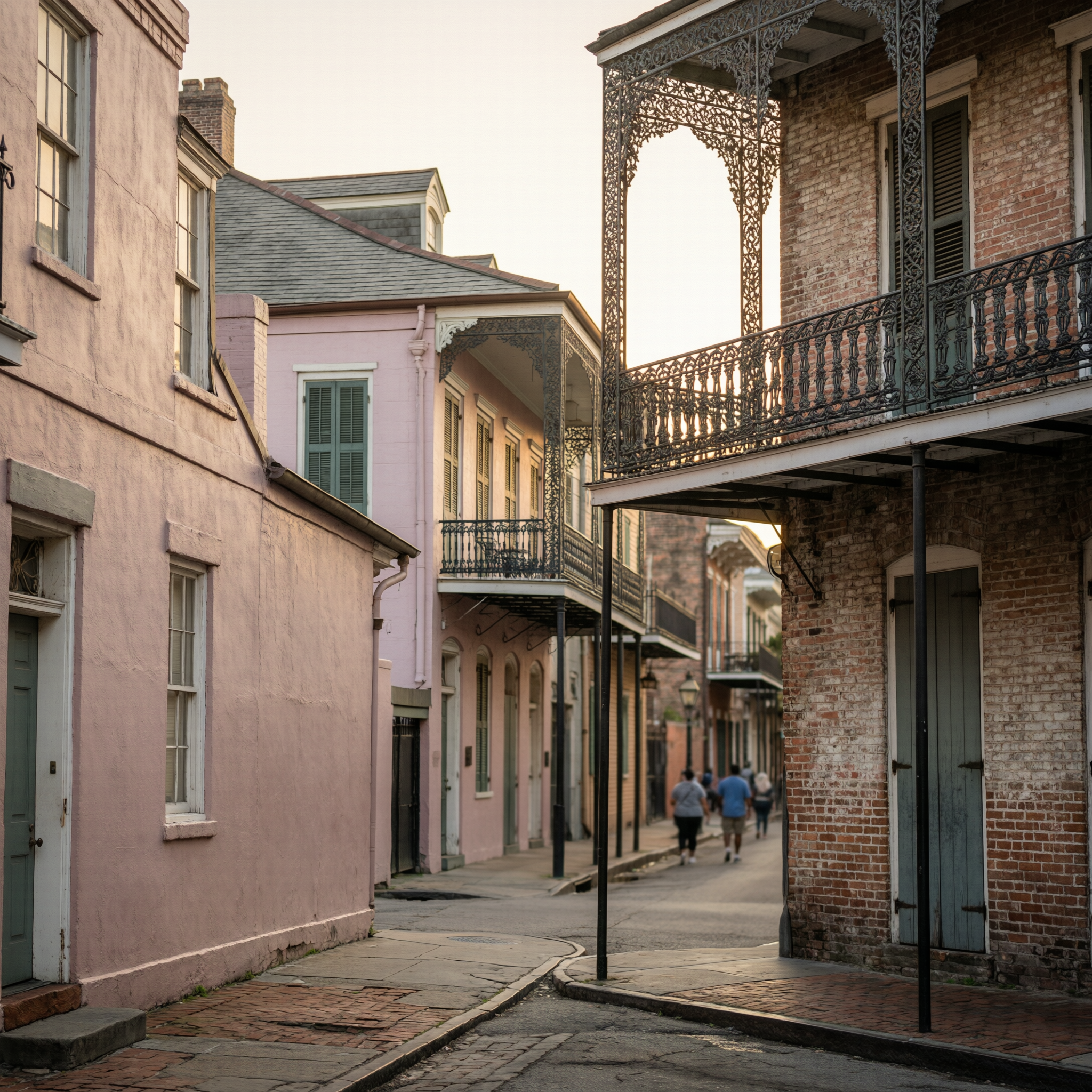 Historic French Quarter street in New Orleans showing colorful buildings with ornate iron balconies and wrought-iron railings typical of Creole architecture