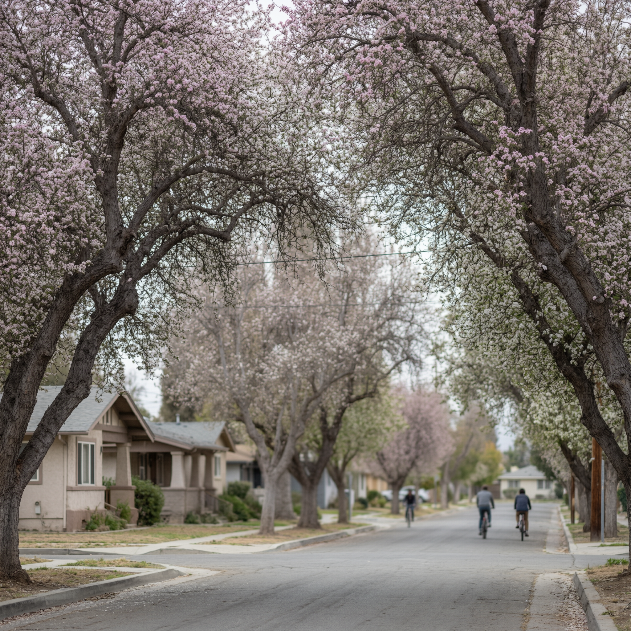 A tree-lined street in Fresno lined with blooming flowering trees creating a canopy over the road, with houses and cyclists visible