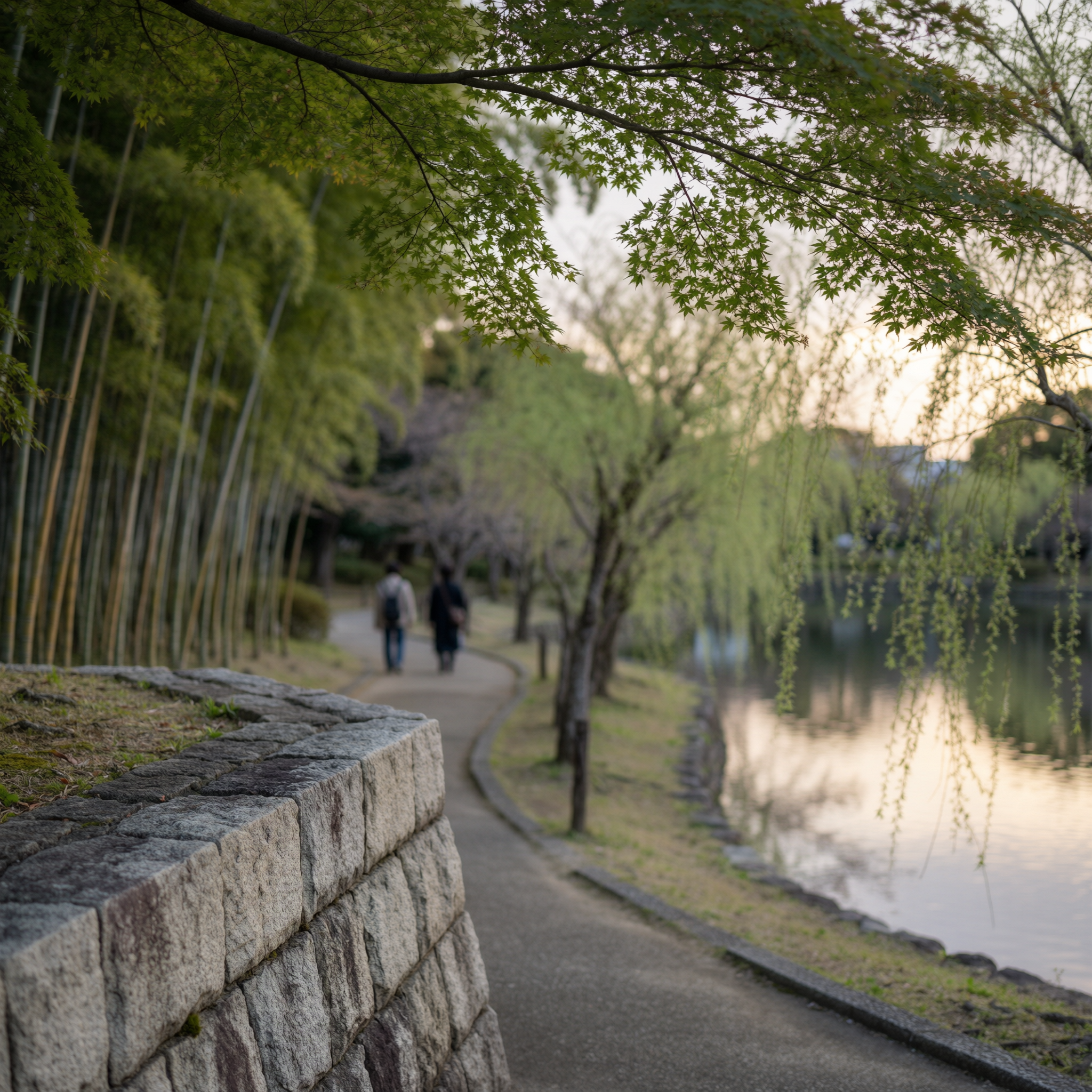 Fukuoka Ohori Park Walk 2 Stone wall and tree-lined lakeside path at Ohori Park in Fukuoka, with two people walking in the distance and water visible on the right