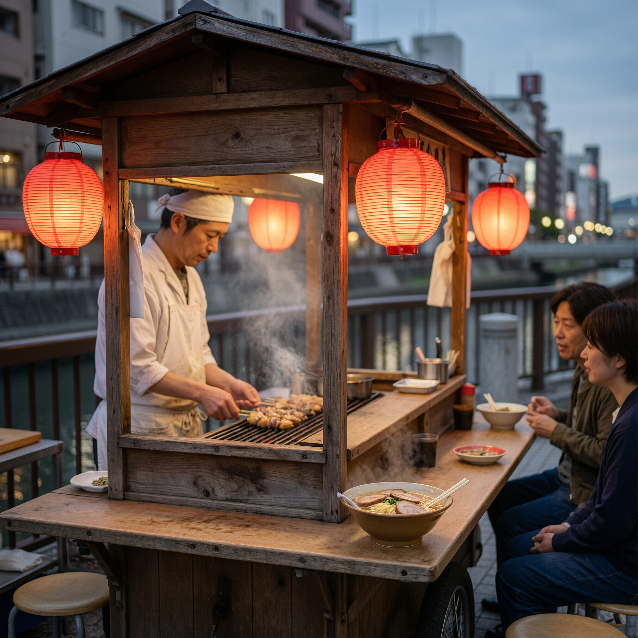 A traditional yatai food stall in Fukuoka with a chef grilling skewers inside a wooden structure decorated with red lanterns, while customers sit at the counter enjoying meals during dusk with city buildings in the background