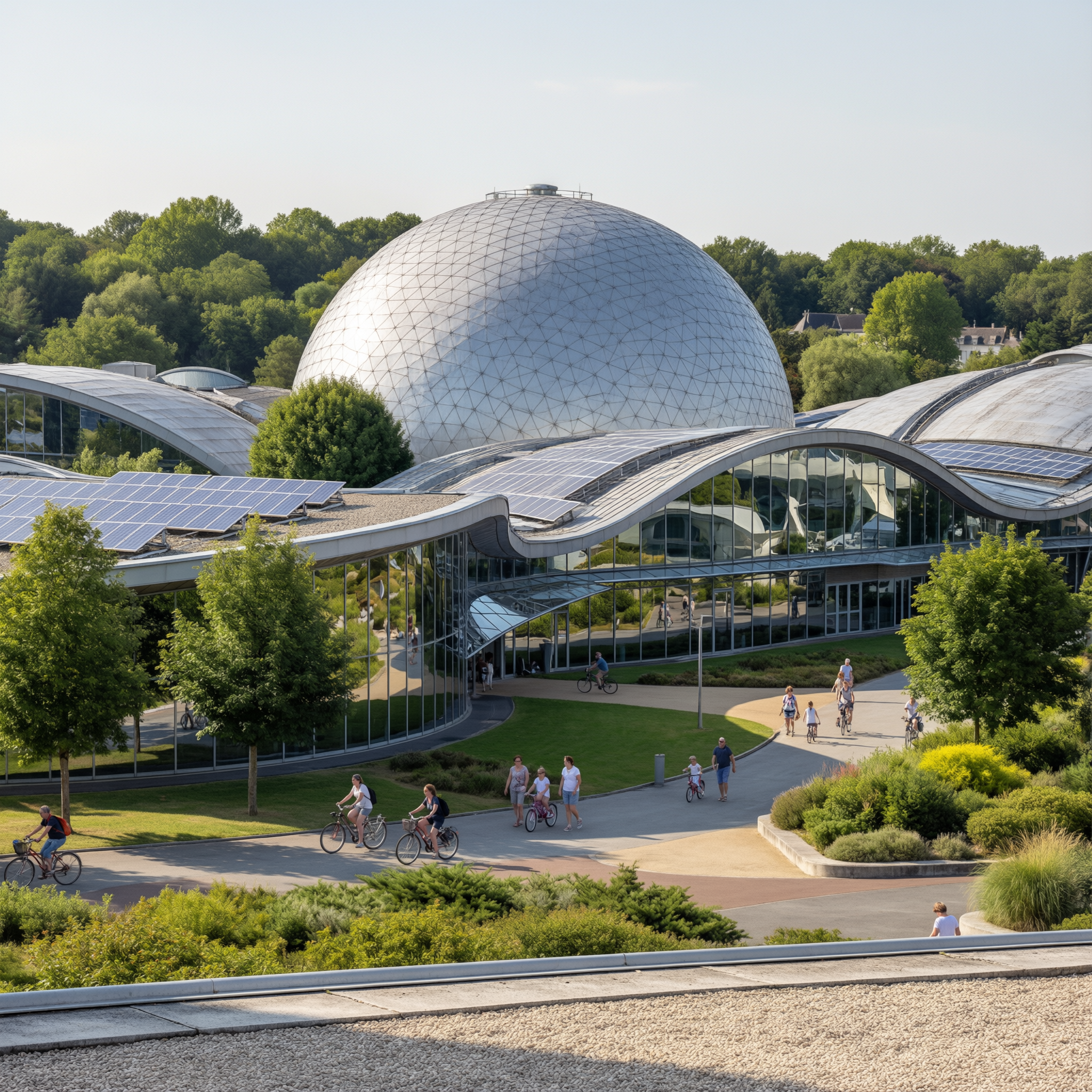 Modern sustainable theme park in Poitiers featuring a large geodesic dome and curved buildings with solar panels, surrounded by green landscaping and visitors on pathways