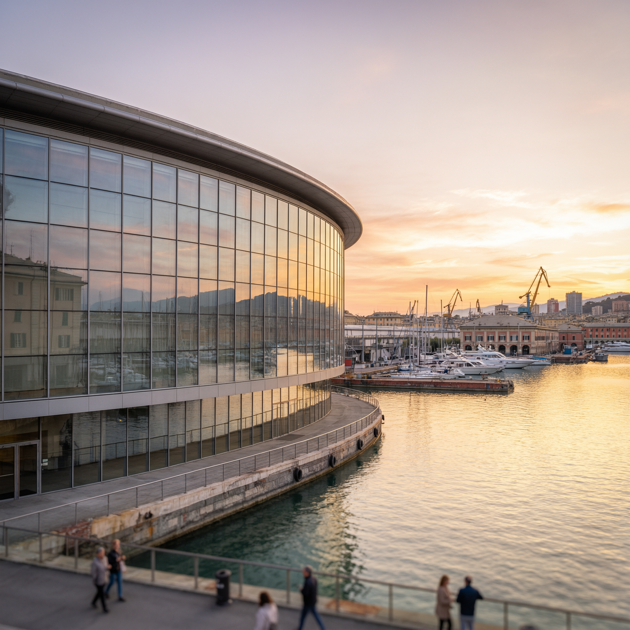 Modern curved glass building with floor-to-ceiling windows overlooking a harbor at sunset, with boats and mountains in the background in Genoa