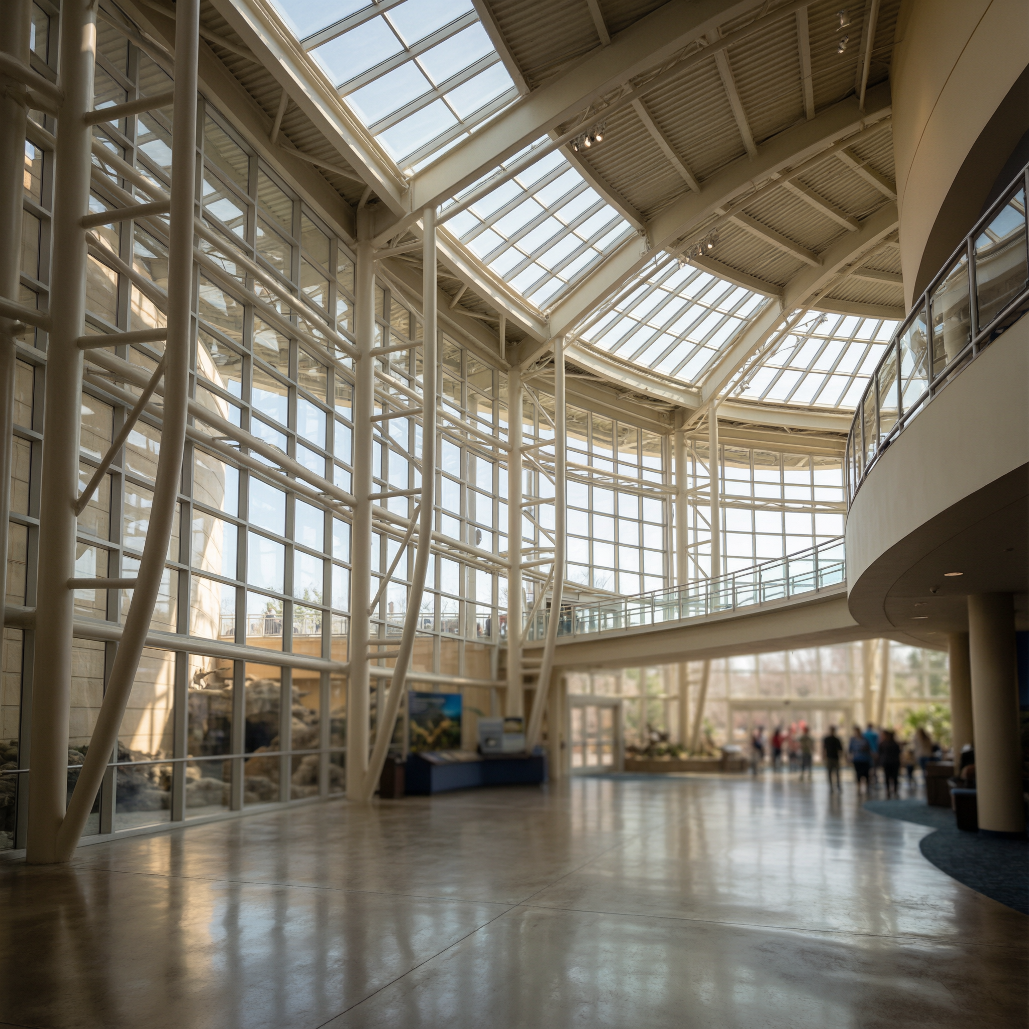 Spacious atrium of the Georgia Aquarium in Atlanta with expansive skylights, white steel framework, polished concrete floors, and visitors exploring the modern interior space