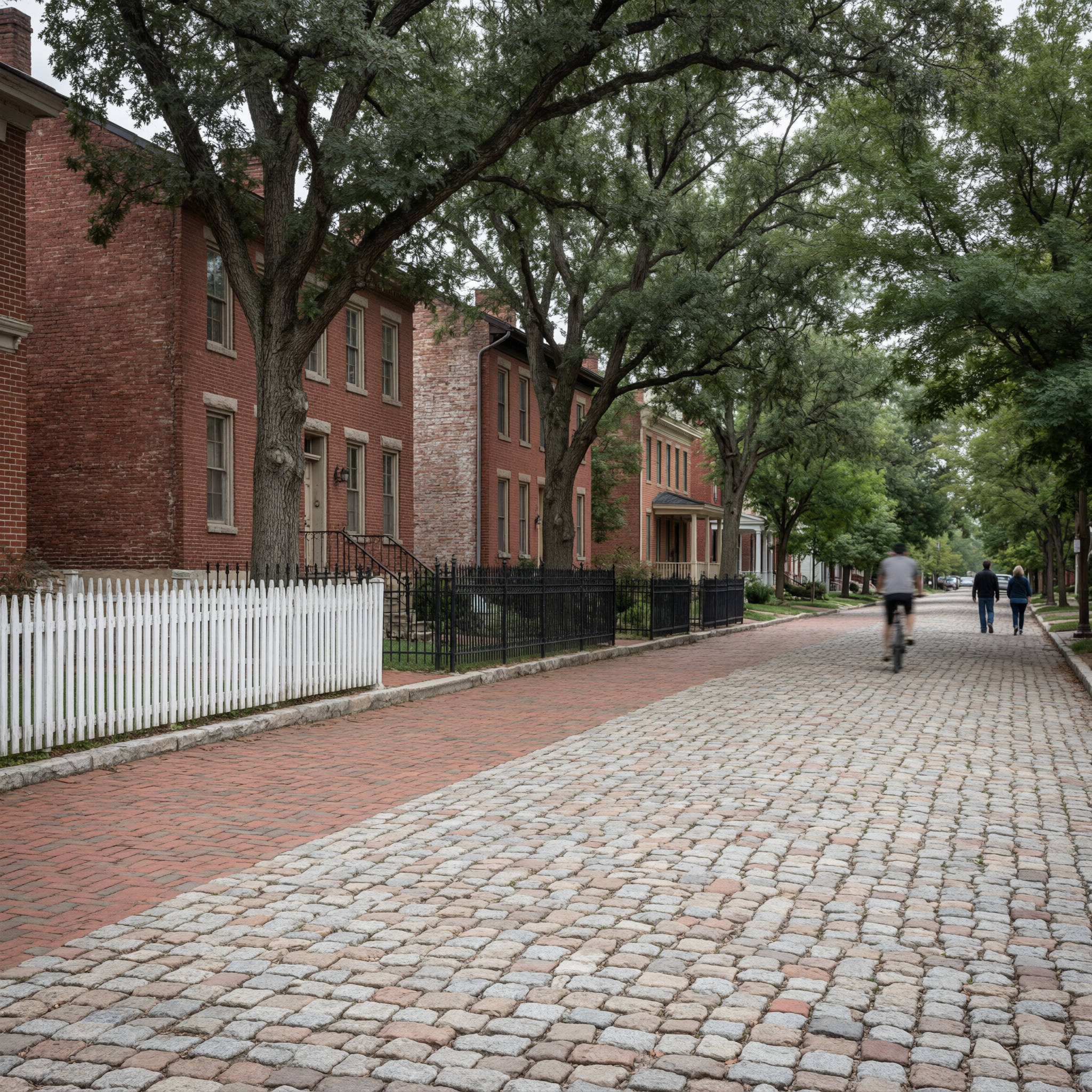 A tree-lined brick street in German Village, Columbus, with historic red brick homes, white picket fencing, and pedestrians walking on the herringbone patterned brick sidewalk