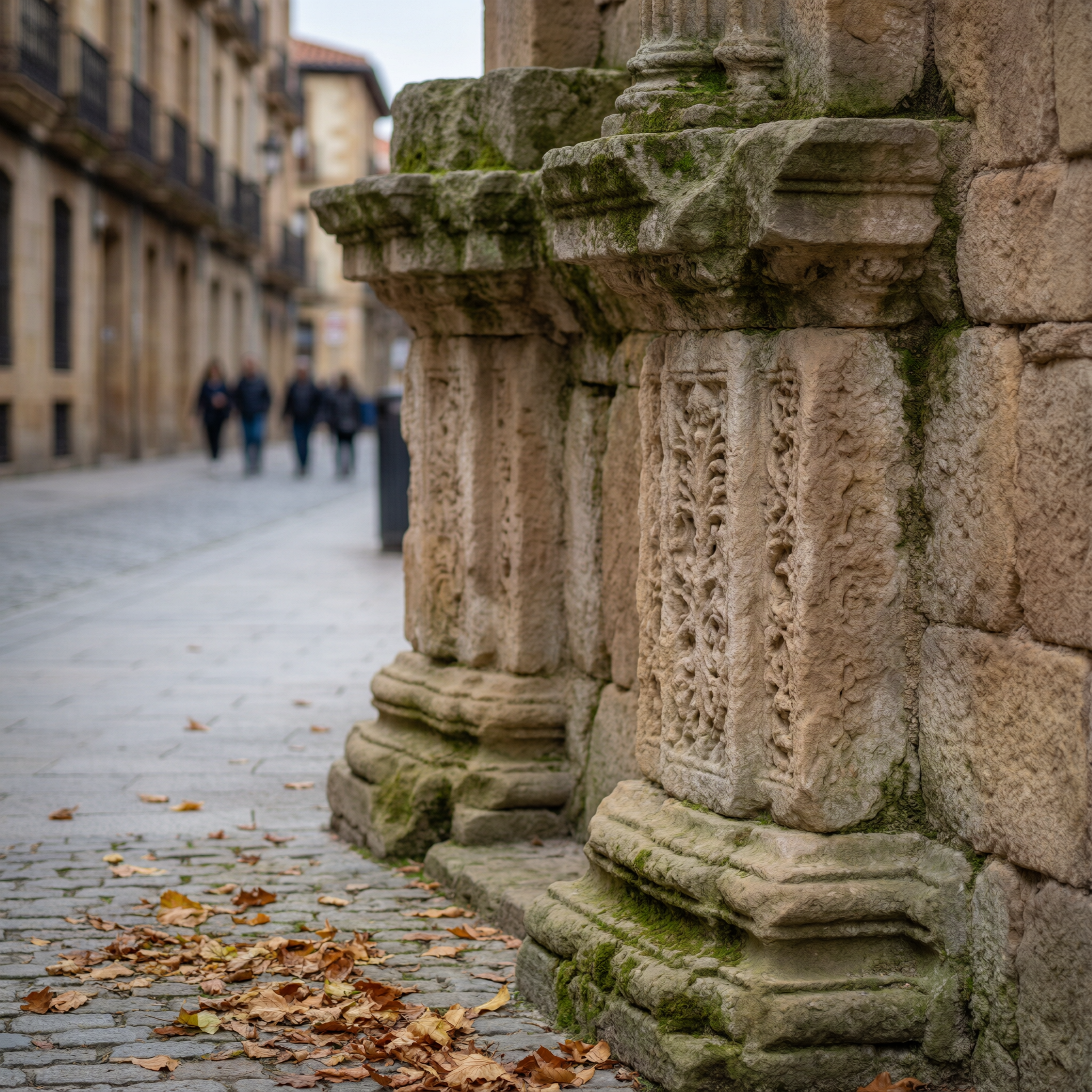 Gijón Roman Baths Exploration 2 Row of ancient ornate stone columns with moss growth lining a cobblestone street in Gijón, Spain, with historic buildings and pedestrians visible in the background