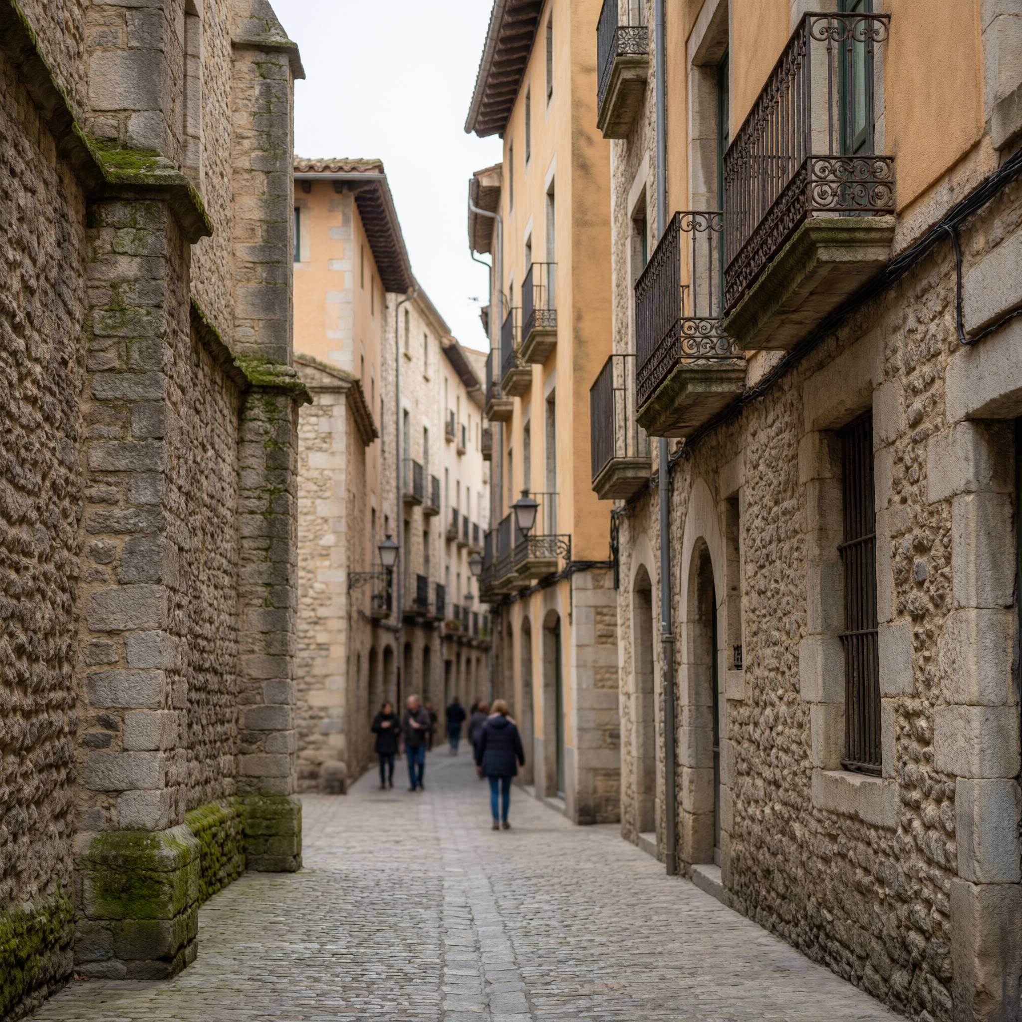 Narrow cobblestone street in Girona's medieval quarter lined with stone buildings and ornate wrought iron balconies