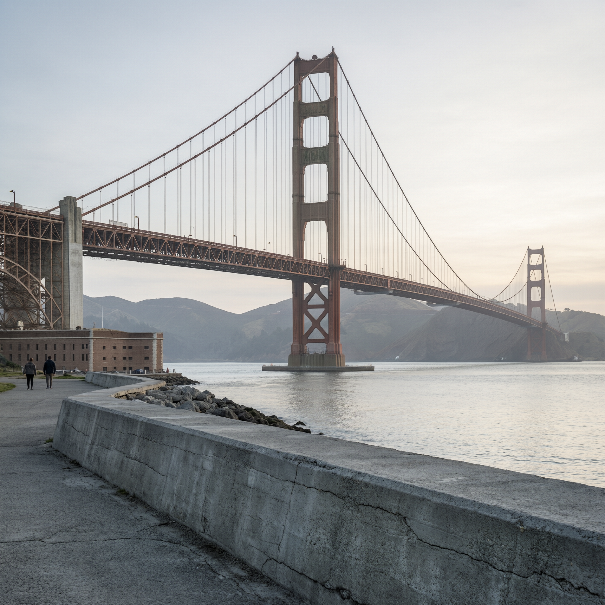 Golden Gate Bridge spanning across the San Francisco Bay with Crissy Field and the Marin Headlands in the background