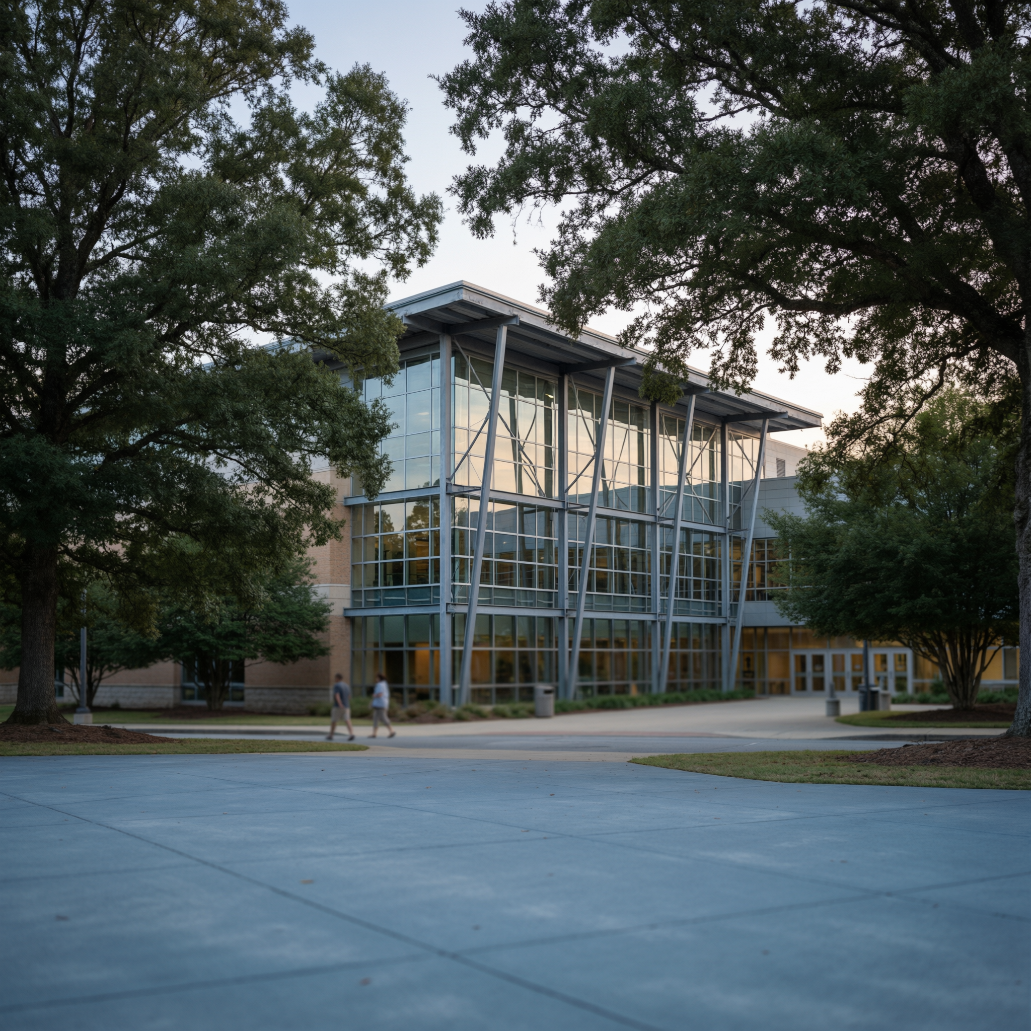 The Greensboro Science Center exterior featuring modern architecture with glass walls and steel framework, surrounded by large oak trees in Greensboro, North Carolina