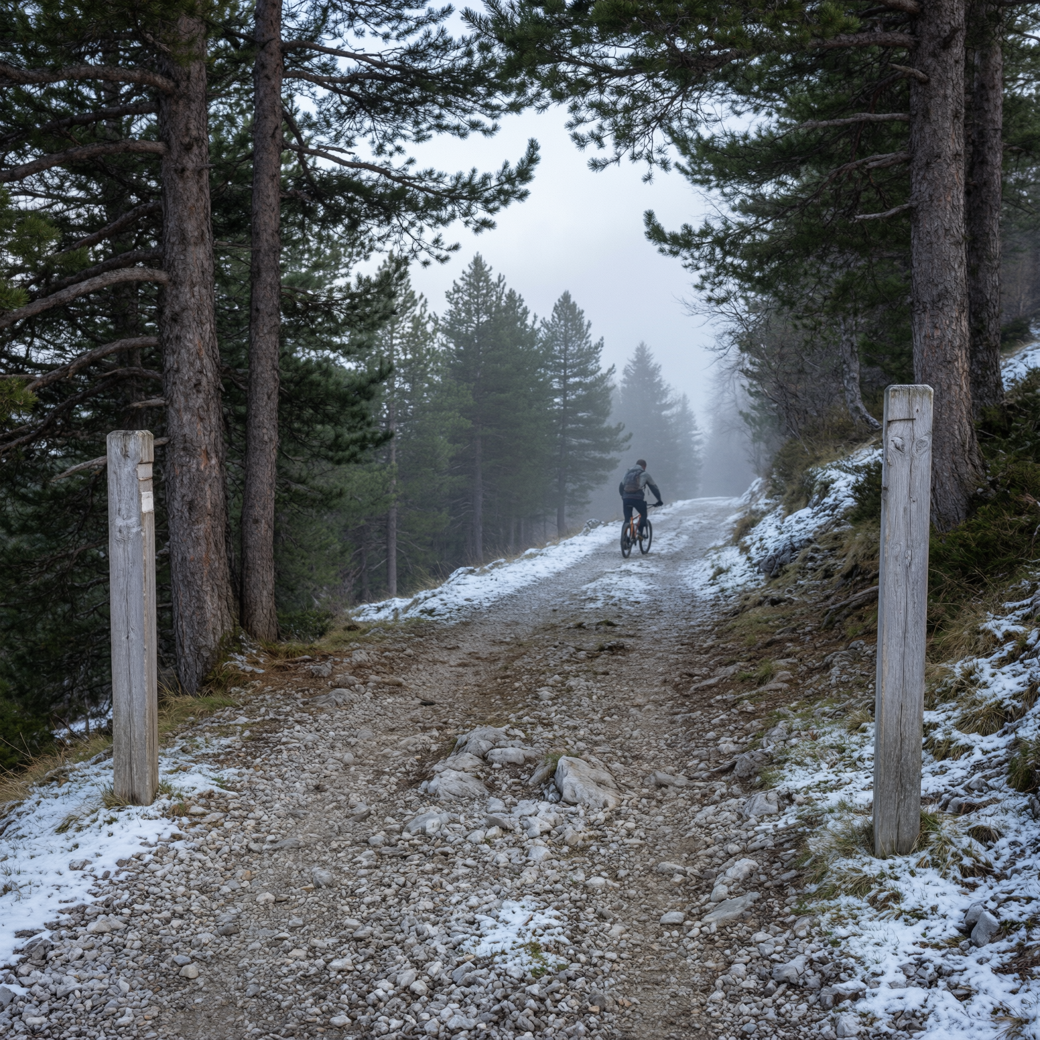 A cyclist rides on a snowy mountain trail through a coniferous forest in the Alps near Grenoble, with tall pine trees framing the path and wooden trail markers visible on both sides