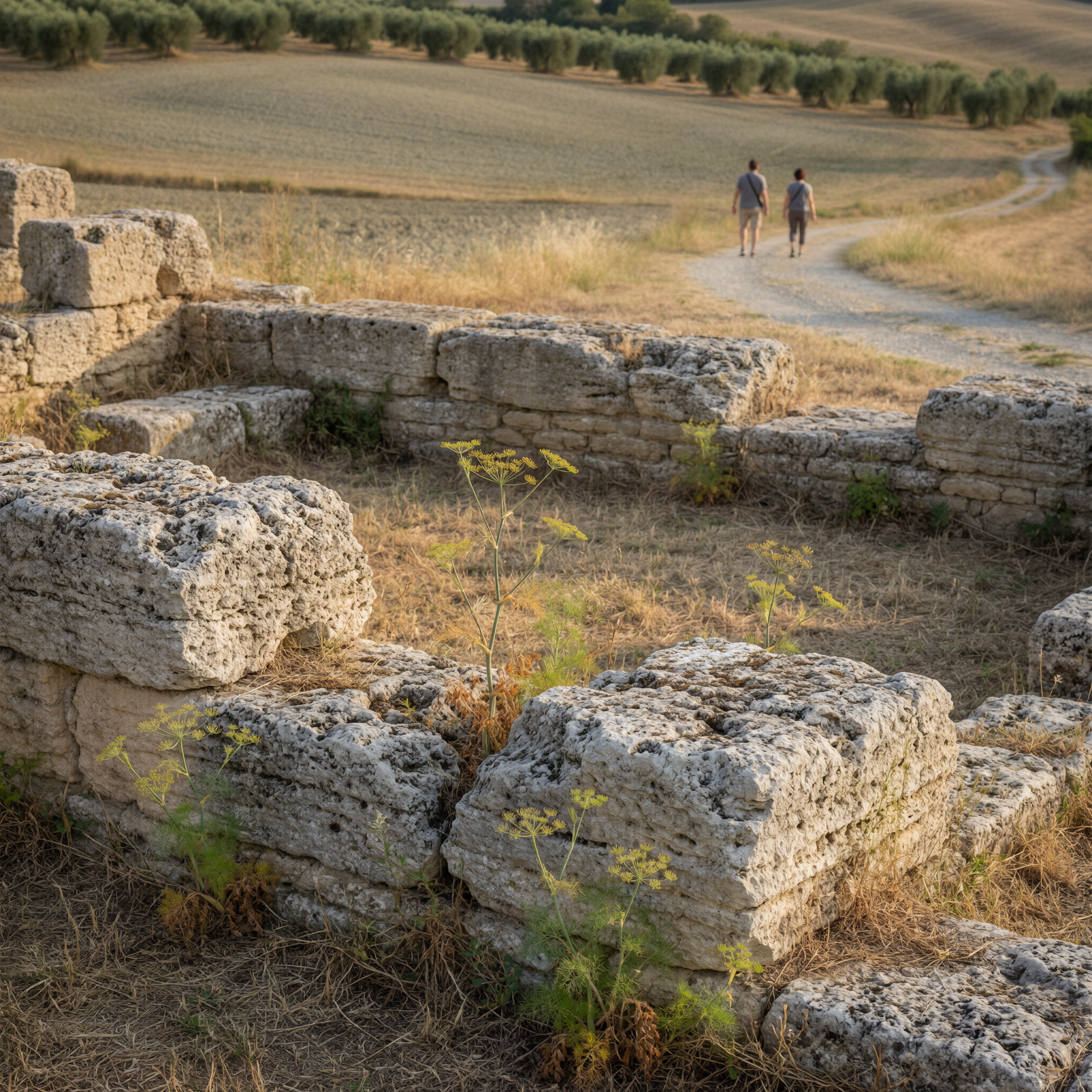 Ancient Etruscan tufa stone ruins in the foreground with two hikers walking on a path through the Tuscan countryside near Grosseto, with olive groves and golden fields visible in the background