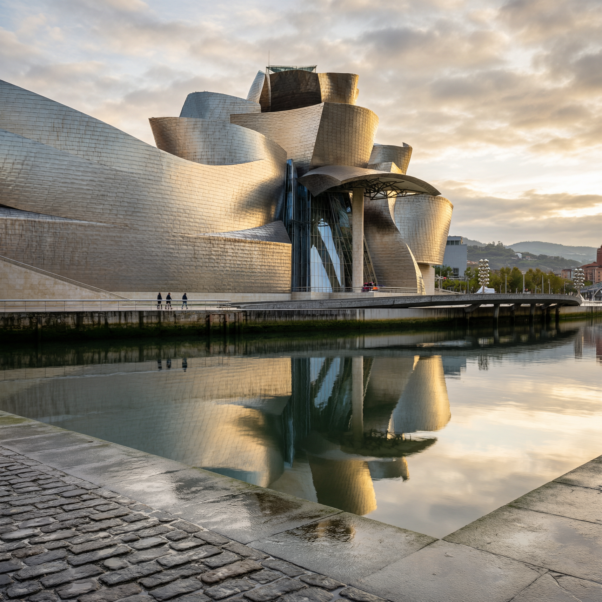 Guggenheim Museum Bilbao with its distinctive curved titanium architecture reflected in the calm water of the Nervión River, with people walking along the waterfront promenade and hills visible in the background