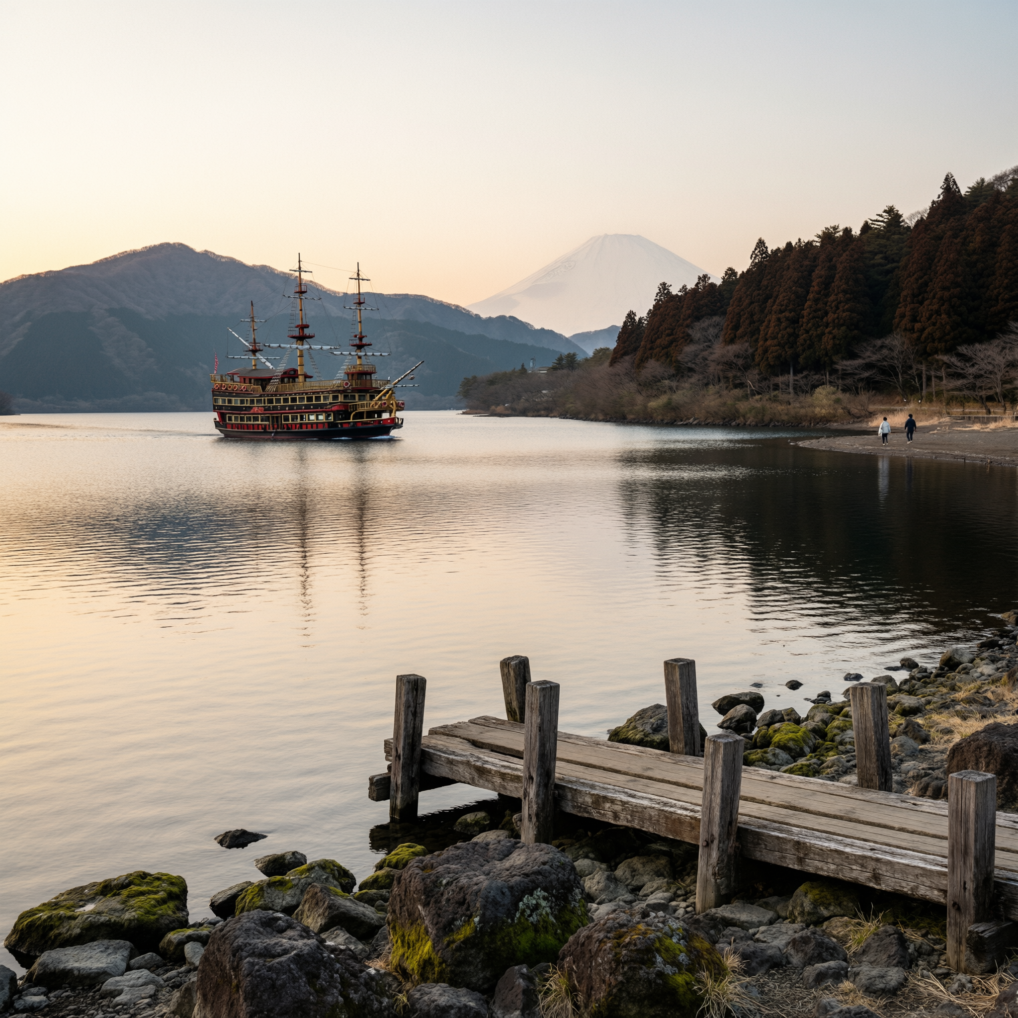 Traditional wooden pirate ship replica on Lake Ashi with Mount Fuji in the background at golden hour, Hakone, Japan