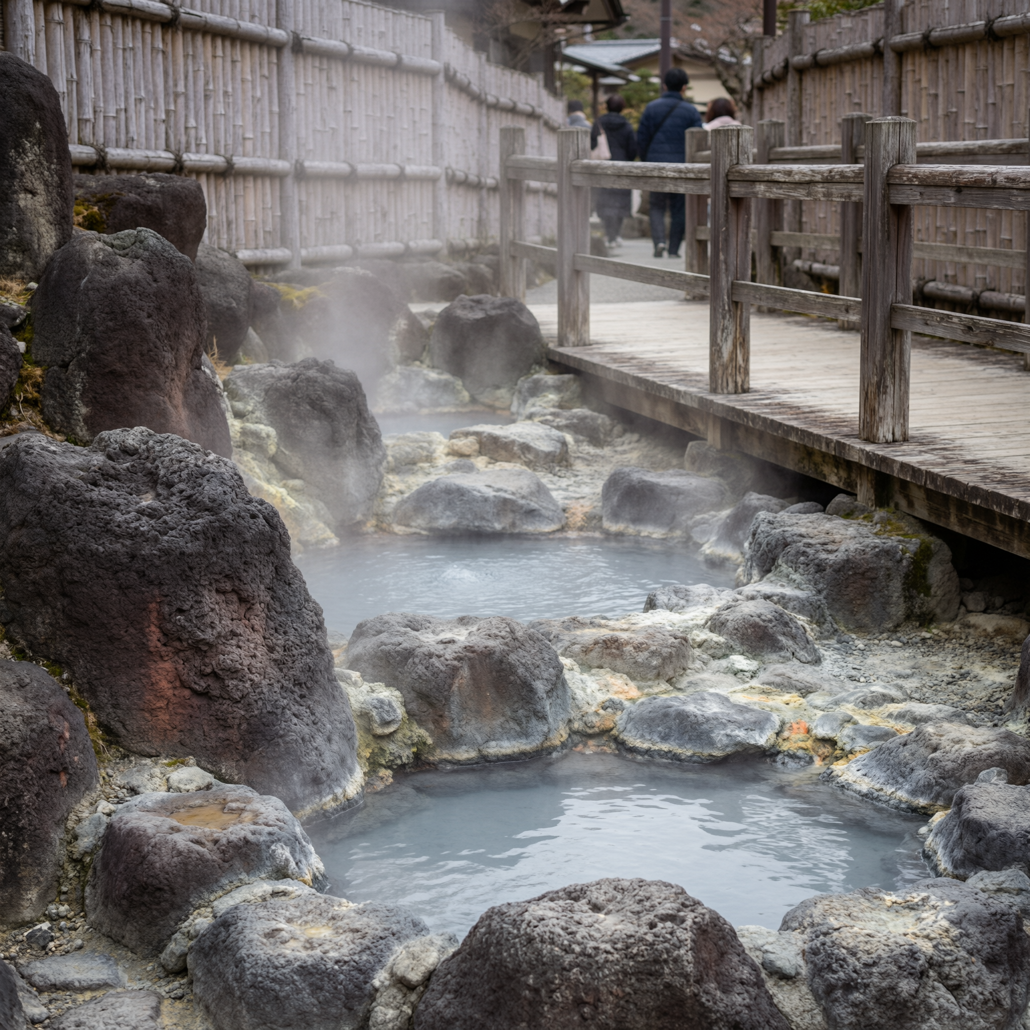 Hakone Hot Springs Guide 2 Traditional outdoor onsen (hot spring) bath surrounded by rocks with wooden walkway and visitors in background at Hakone, Japan