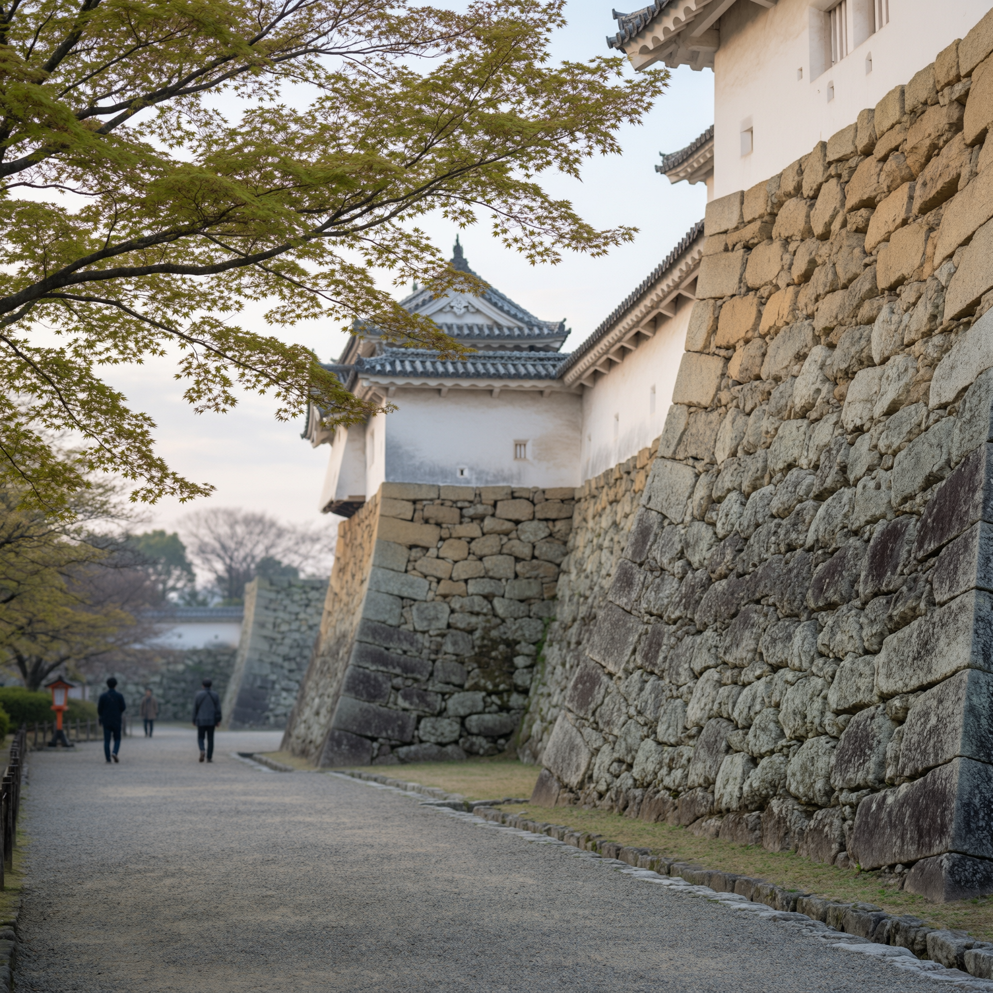 Himeji Castle Tour Insights 2 Stone pathway approaching Himeji Castle with traditional Japanese architecture and stone walls