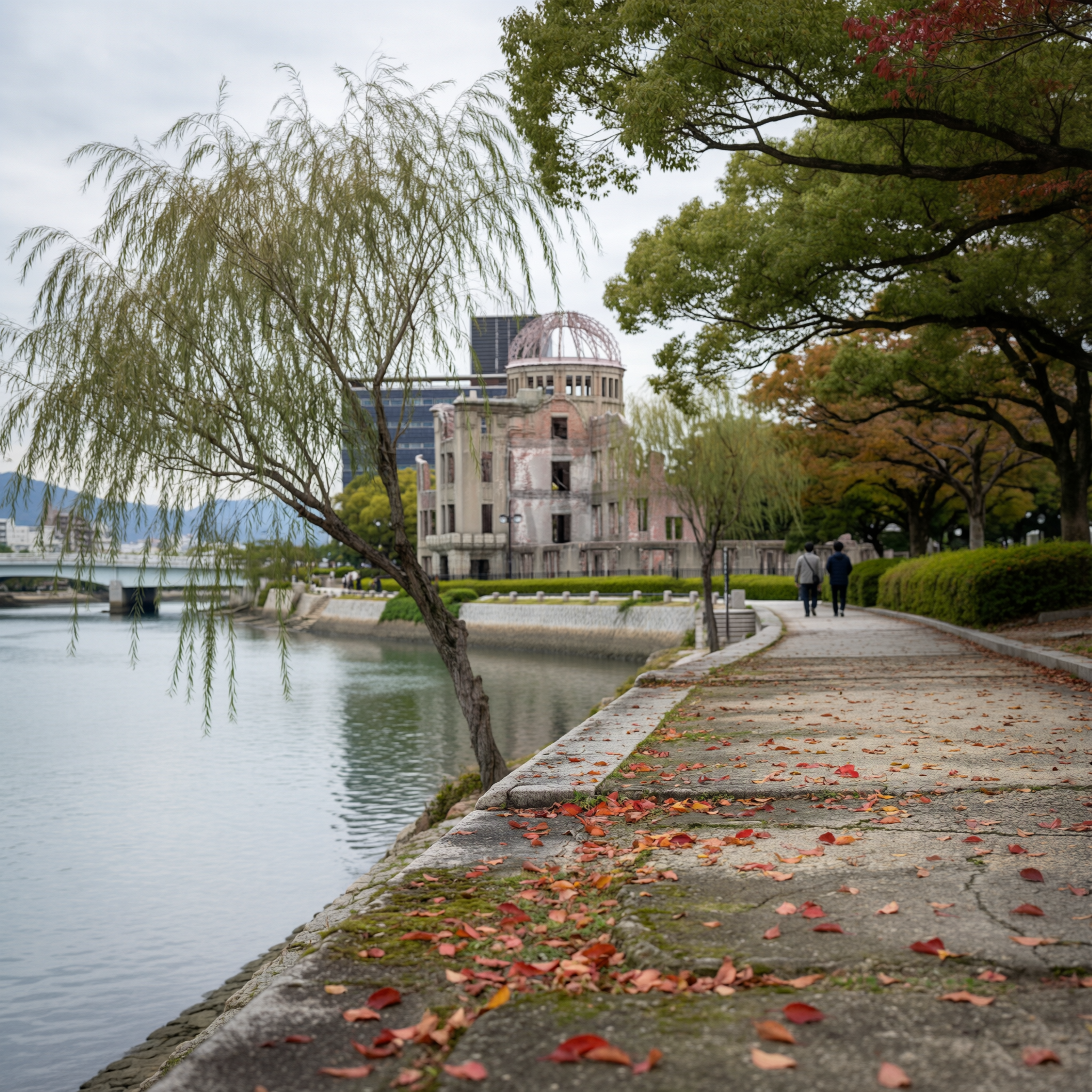 Autumn leaves scatter along a riverbank path in Hiroshima Peace Memorial Park, with the A-Bomb Dome visible across the water framed by weeping willow trees and landscaped grounds