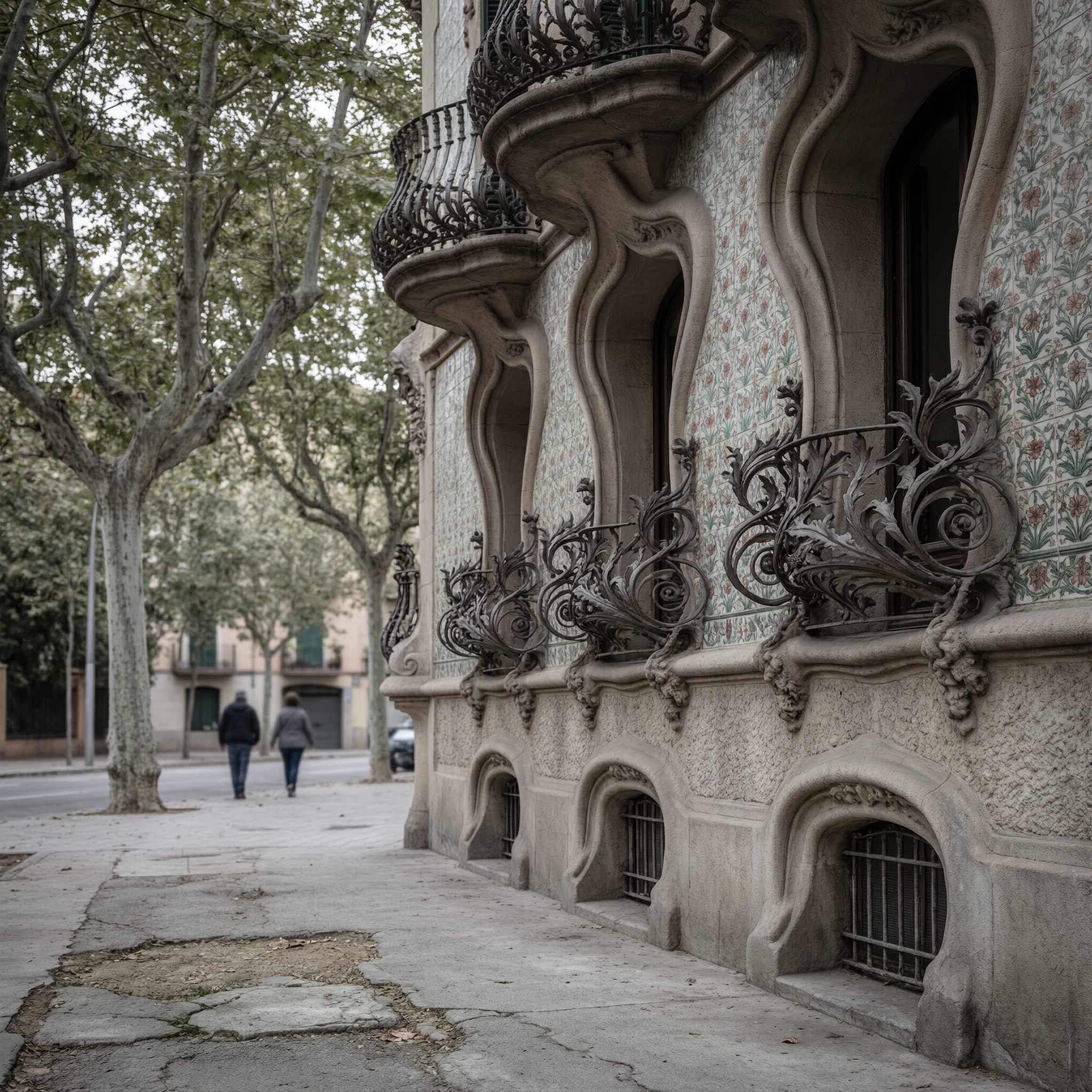 Ornate Catalan Modernist building facade in Hospitalet with sculptural stone balconies, decorative ironwork, and floral wallpaper details