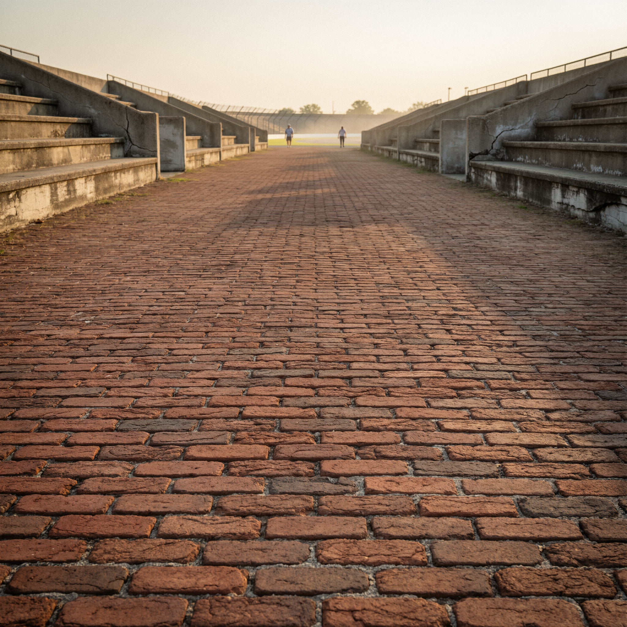 Brick pathway at Indianapolis Motor Speedway with concrete grandstands on both sides and two people walking in the distance during golden hour