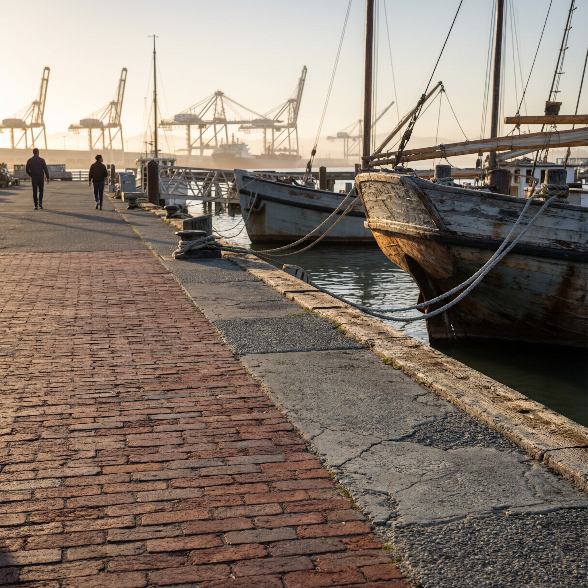 Historic sailing vessels moored at a brick waterfront promenade in Oakland, with cargo cranes and port infrastructure visible in the morning light at Jack London Square