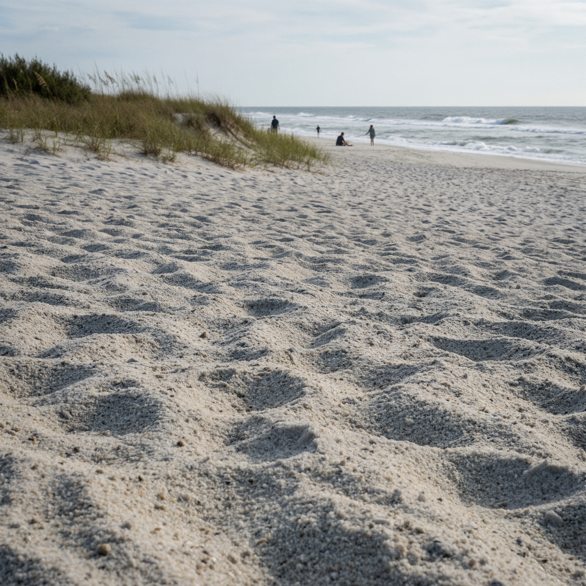 Sandy beach with dune grass and beachgoers in the ocean at Jacksonville Beach, Florida during morning light