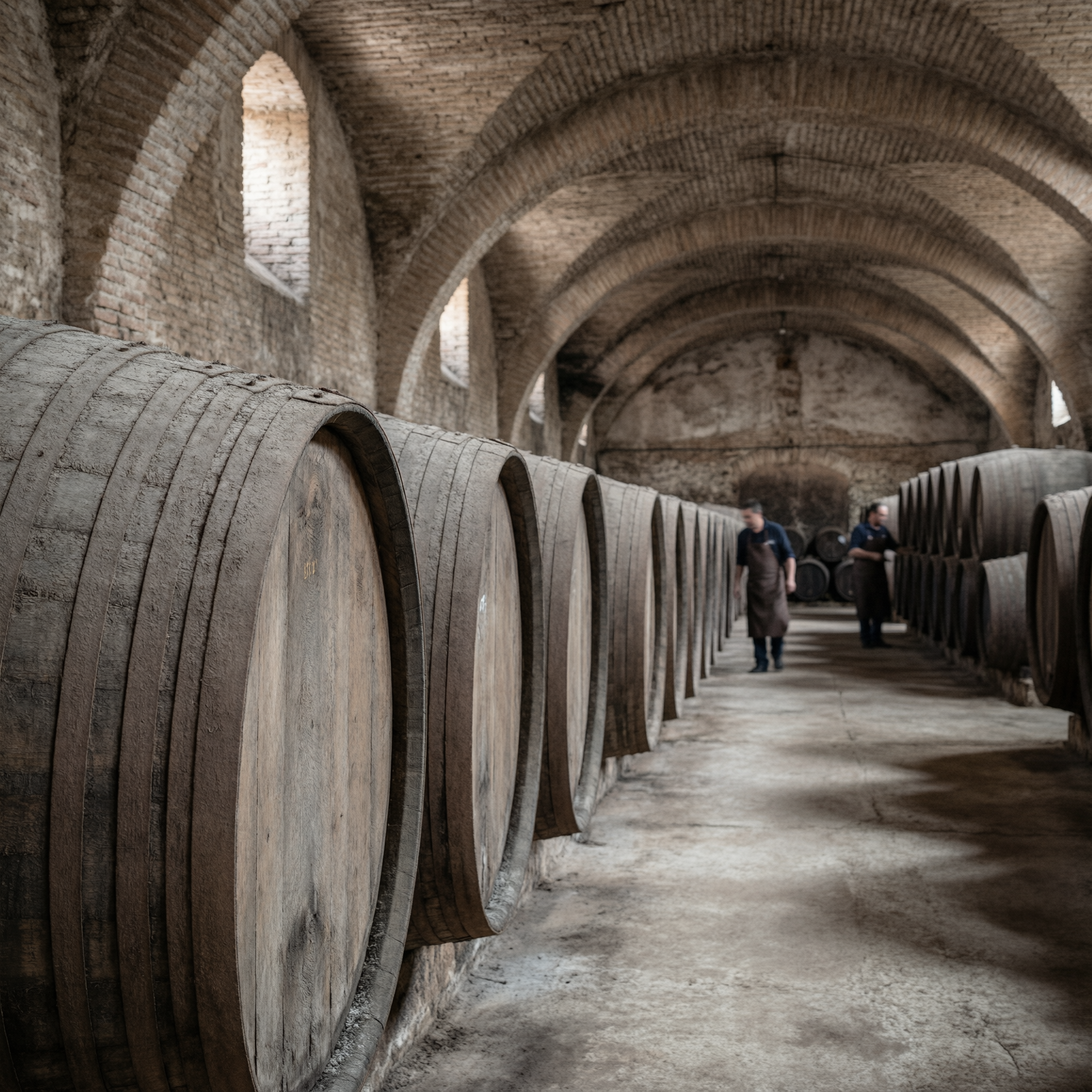 Interior of a historic sherry bodega in Jerez de la Frontera showing wooden barrels lined along a stone archway with visitors in the background