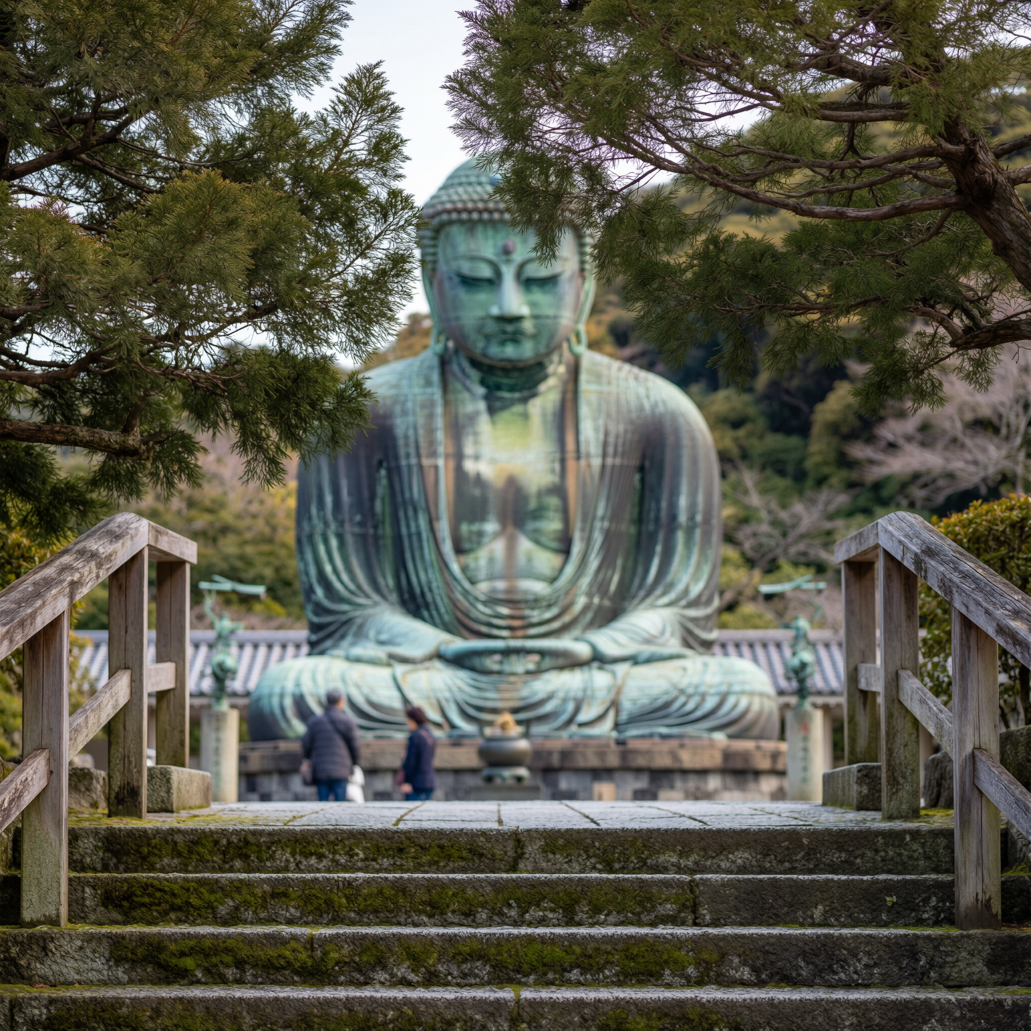 Kamakura Great Buddha Visit 2 The Great Buddha of Kamakura viewed through wooden railings and cypress trees, with visitors at the base in Kamakura, Japan