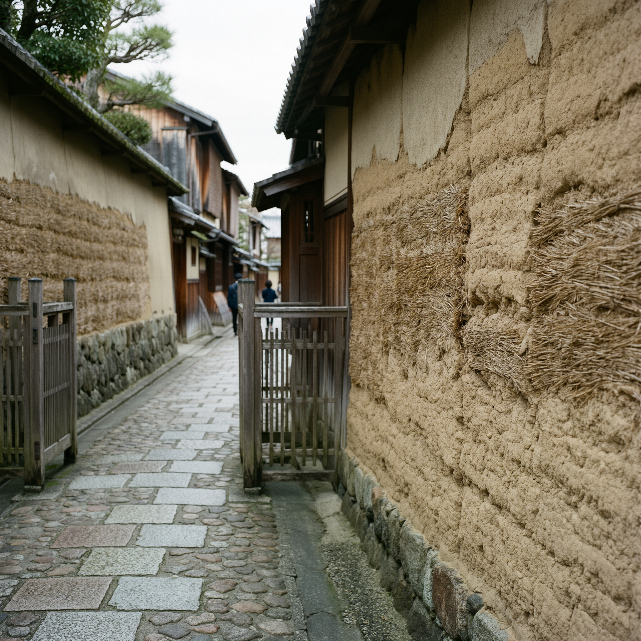 Kanazawa Samurai District Walk 2 A narrow alley in Kanazawa's historic samurai district featuring traditional Japanese architecture with earth-colored earthen walls, wooden gates, tiled roofs, and stone pathways