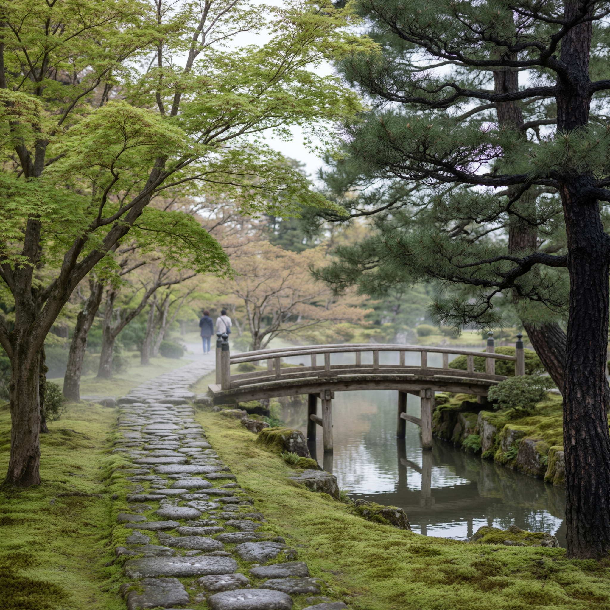 Kanazawa Kenrokuen Garden Walk 2 A serene pathway lined with lush green trees leading to an arched wooden bridge over a calm stream in Kanazawa's Kenrokuen Garden during late spring