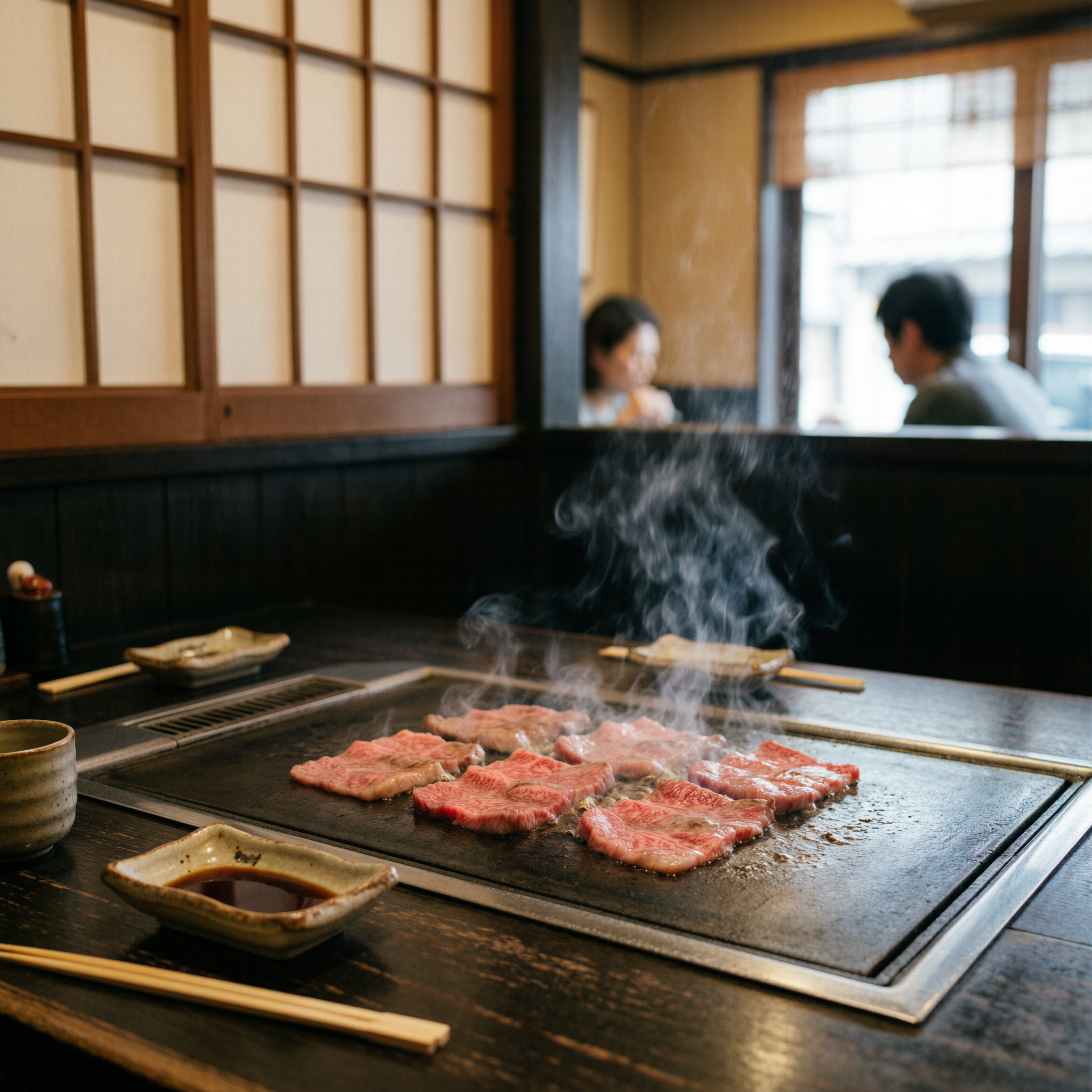 Kobe Beef Tasting Experience 2 Sliced Kobe beef sizzling on a hot griddle at a traditional yakiniku restaurant in Kobe, Japan, with diners visible in the background