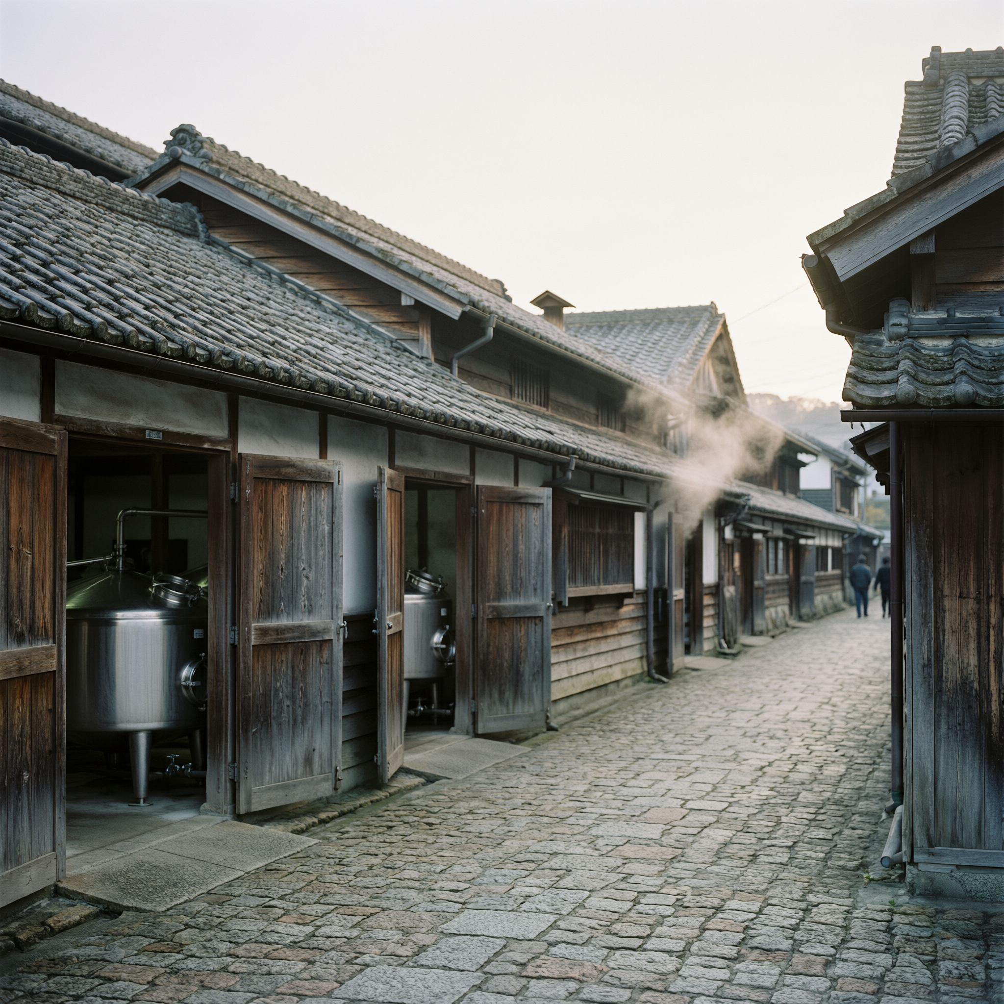 Kobe Nada Sake District 2 Traditional wooden buildings line a cobblestone alley in Kobe's Nada sake district, with steam rising from sake brewery equipment visible through open doorways