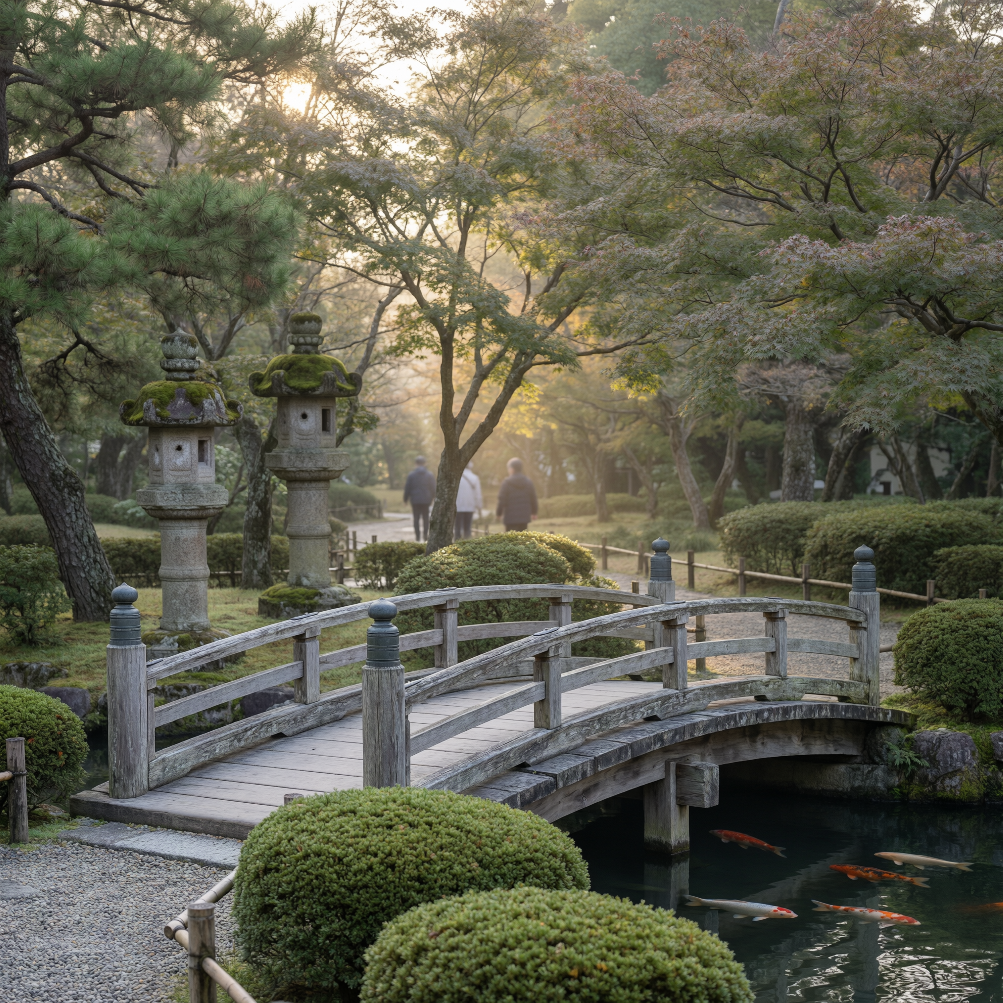 Wooden arched bridge over a pond with koi fish in Koko-en Garden, surrounded by moss-covered stone lanterns, manicured hedges, and tall trees in Himeji, Japan