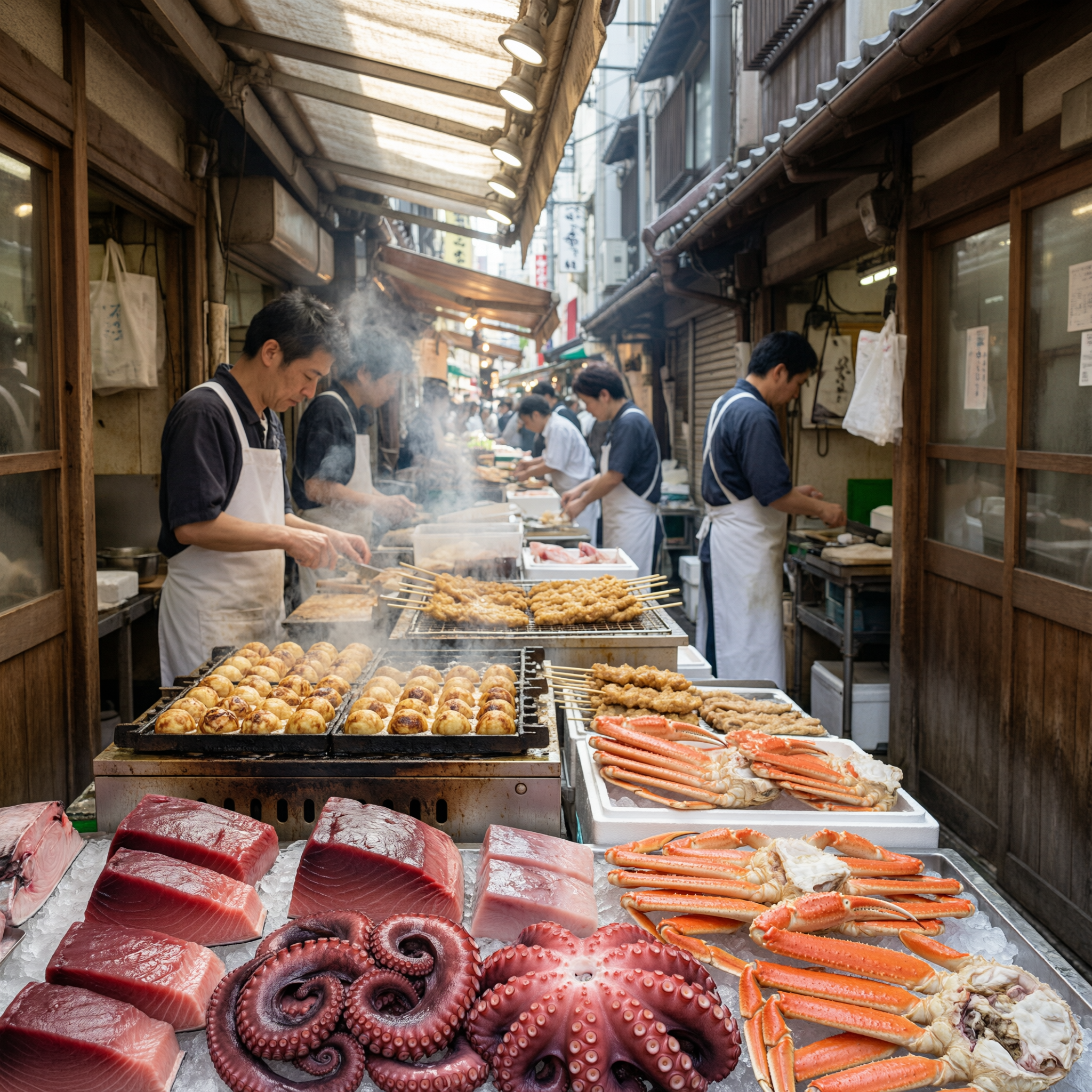 Osaka Food Market Highlights 2 Vendors prepare fresh seafood and grilled items at Kuromon Ichiba Market in Osaka, with octopus, crab legs, and skewered proteins on display in a traditional covered market alley