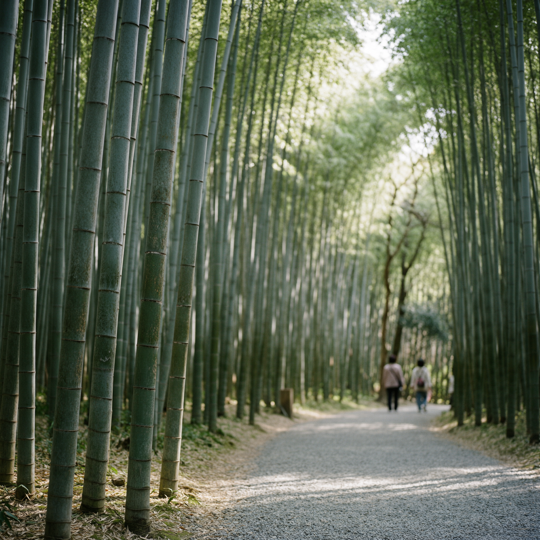 Kyoto Bamboo Forest Walk 2 A serene tree-lined path through a dense bamboo grove in Arashiyama, Kyoto, with tall green bamboo stalks on both sides and blurred figures of visitors walking in the distance