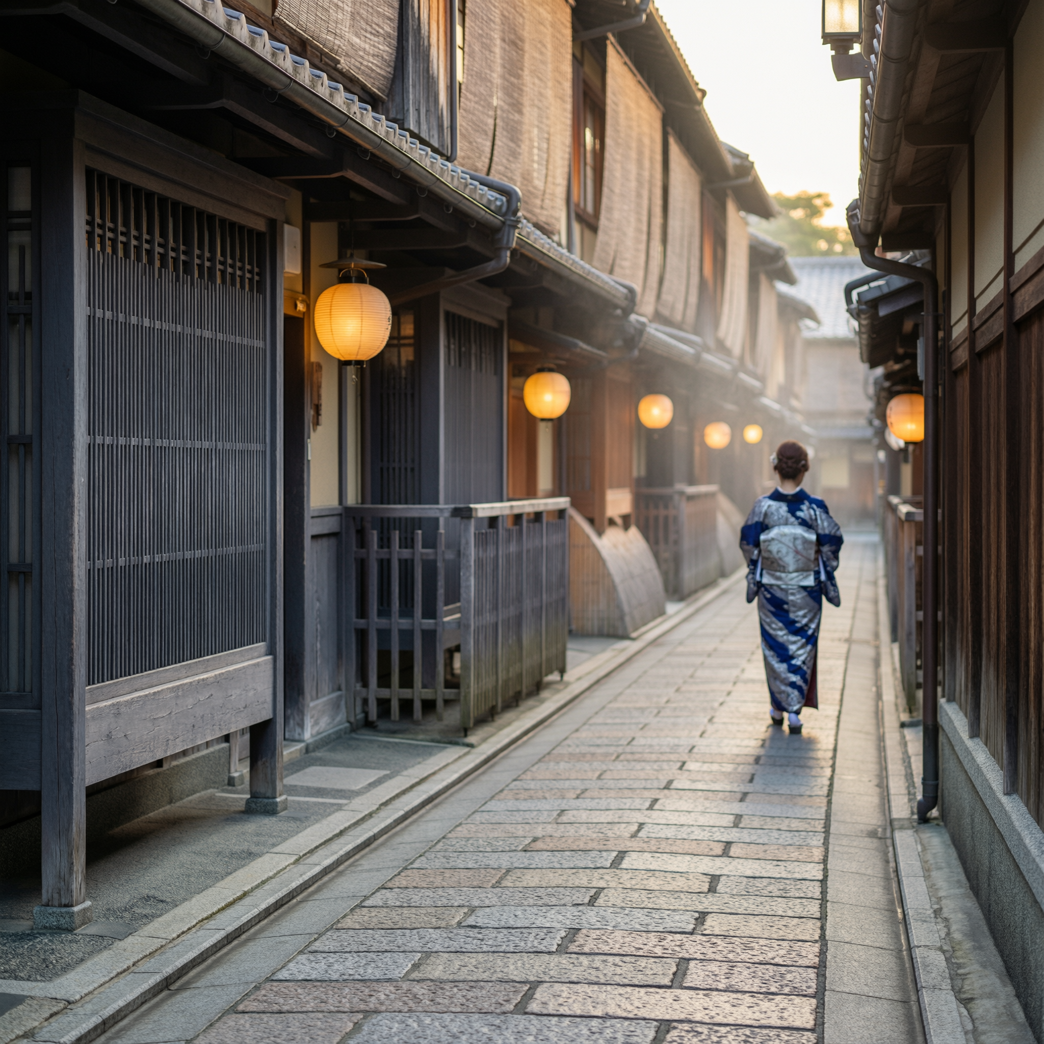 Kyoto Gion District Walk 2 A person wearing a blue kimono walks down a narrow, atmospheric alley in Gion, Kyoto, lined with traditional wooden machiya buildings and illuminated by golden lanterns at dusk