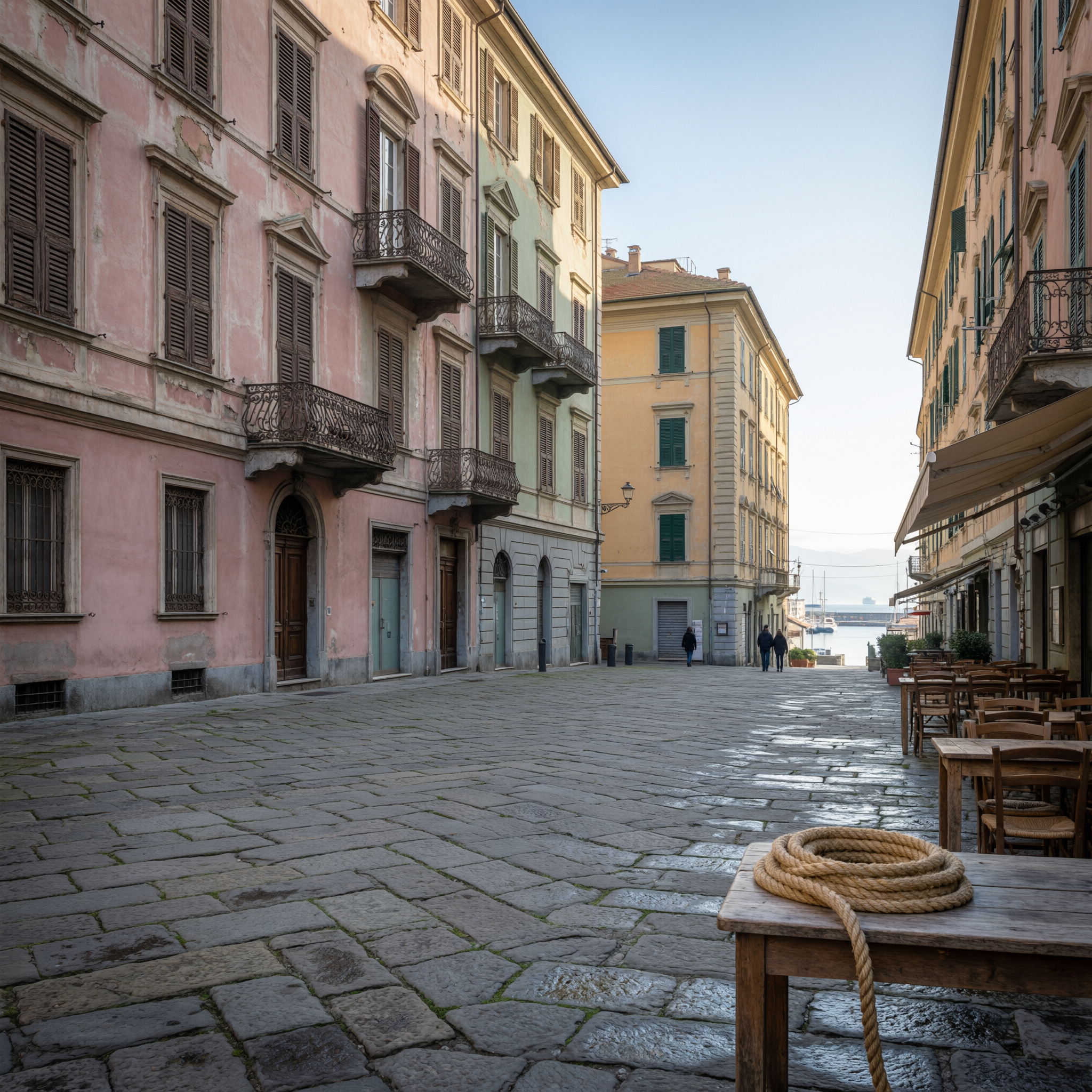 Waterfront piazza in La Spezia with historic pastel-colored buildings, wet stone plaza, coiled rope on wooden table, and Mediterranean Sea visible in the distance
