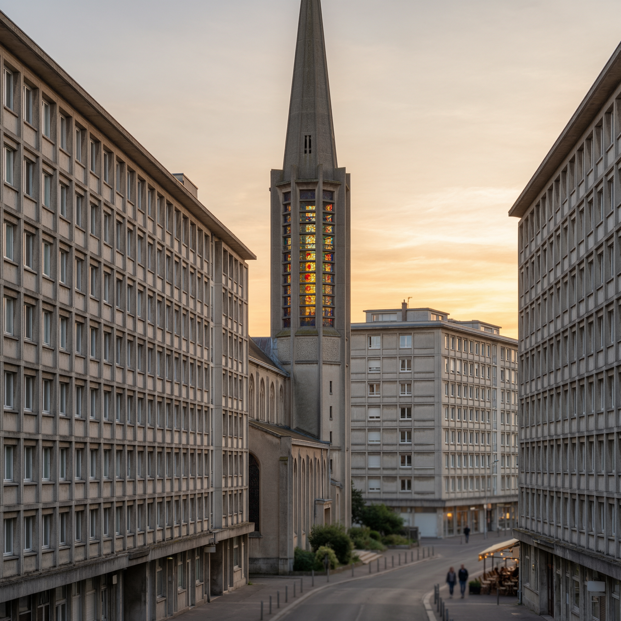 St. Joseph Church with its distinctive tall spire and colorful stained glass windows rises above modernist buildings in Le Havre, France at dusk