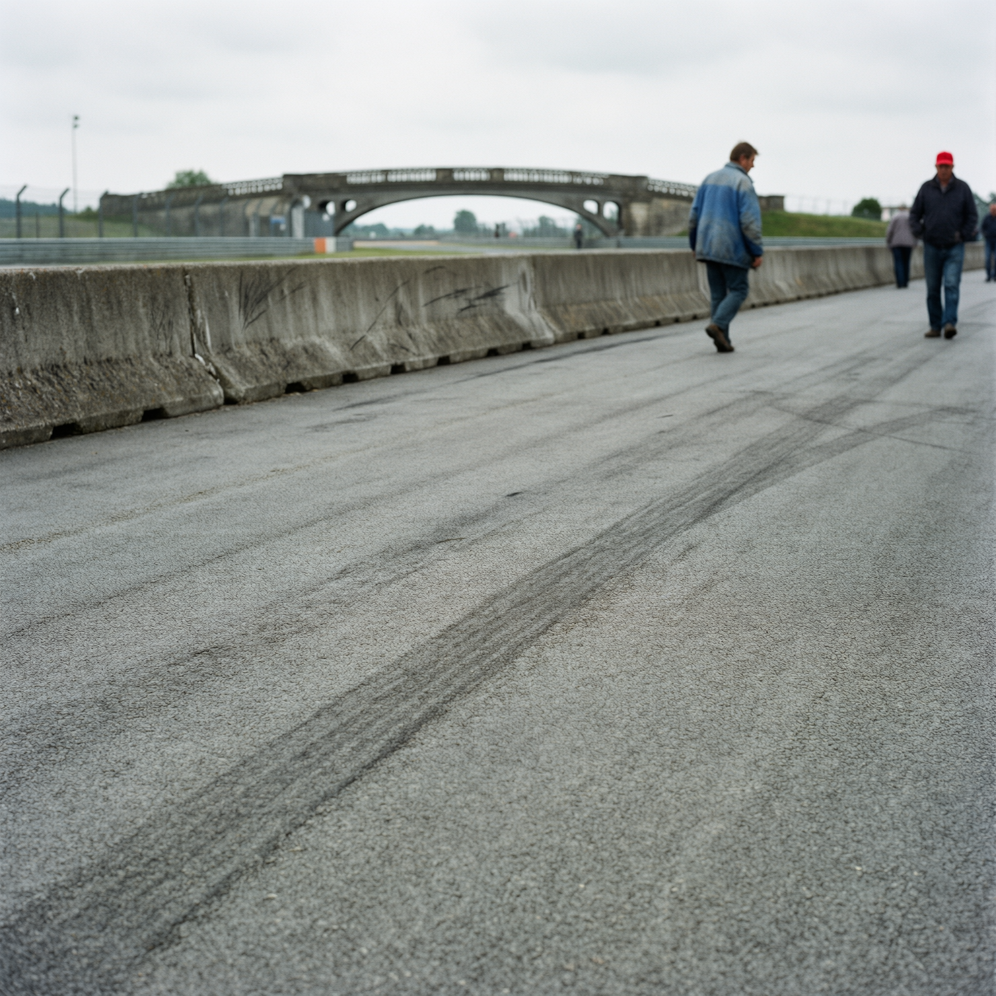 People walking on the asphalt surface of the Le Mans circuit with concrete barriers and an arched bridge in the background