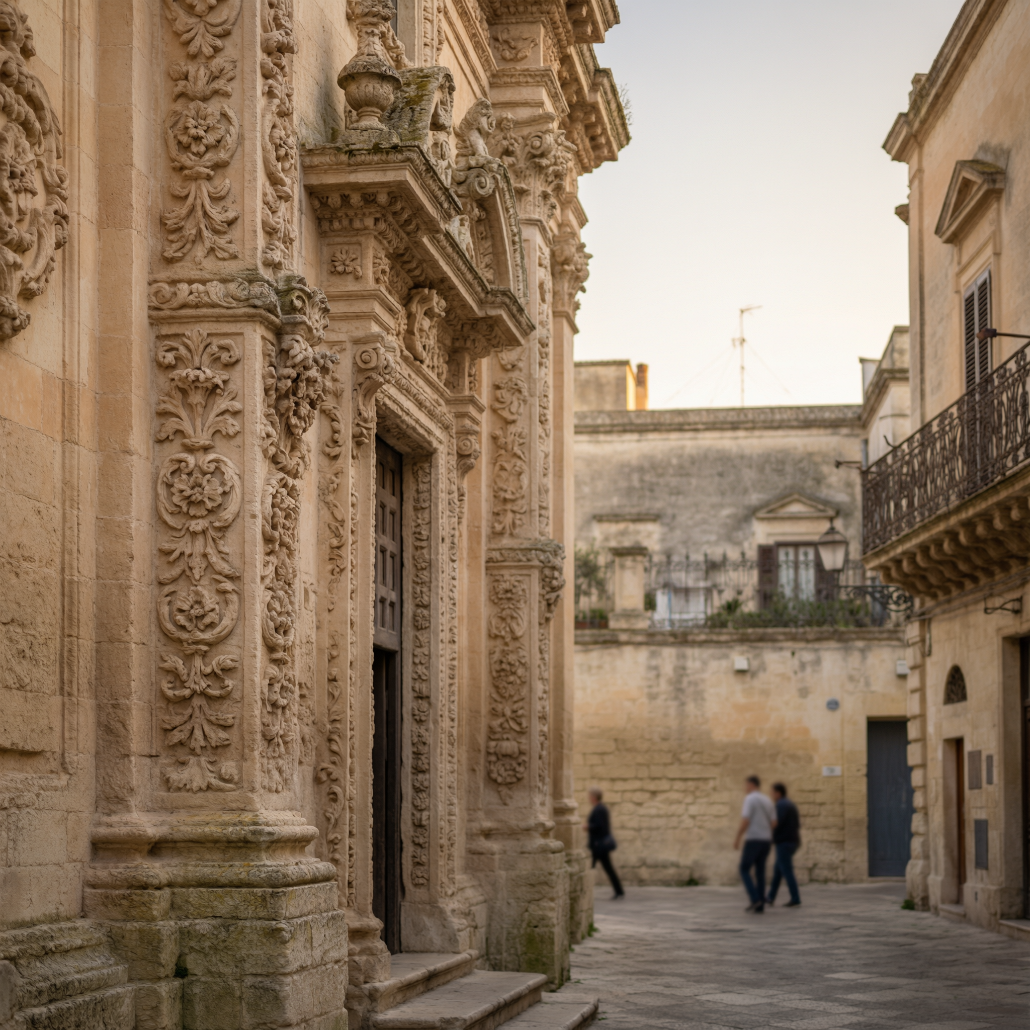 Lecce Baroque Architecture Highlights 2 Ornate Baroque stone facade with intricate carved details in Lecce, Italy, featuring floral and acanthus leaf motifs on columns lining a narrow historic street
