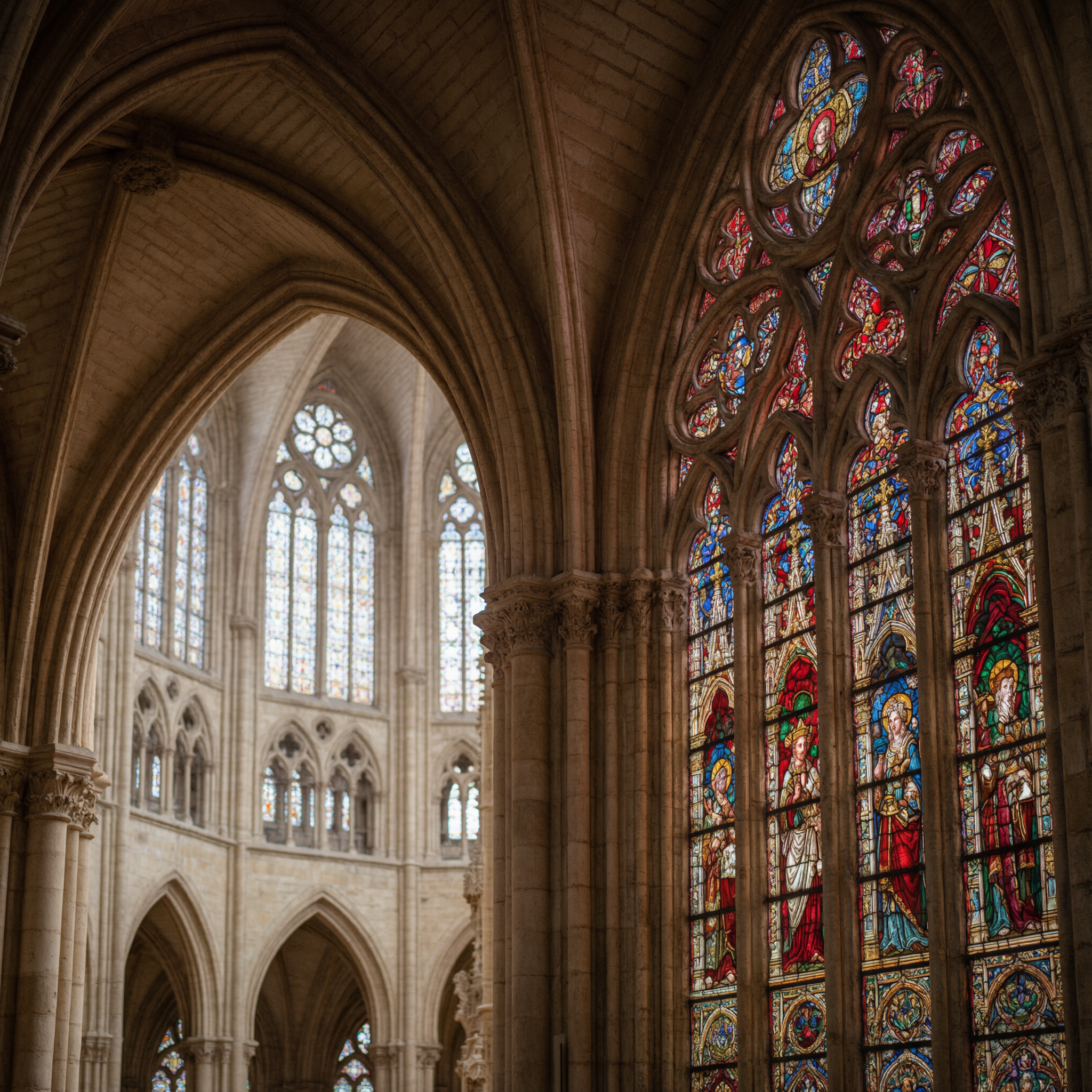 León Cathedral Stained Glass 2 Interior of León Cathedral showing towering Gothic arches and colorful stained glass windows in León, Spain