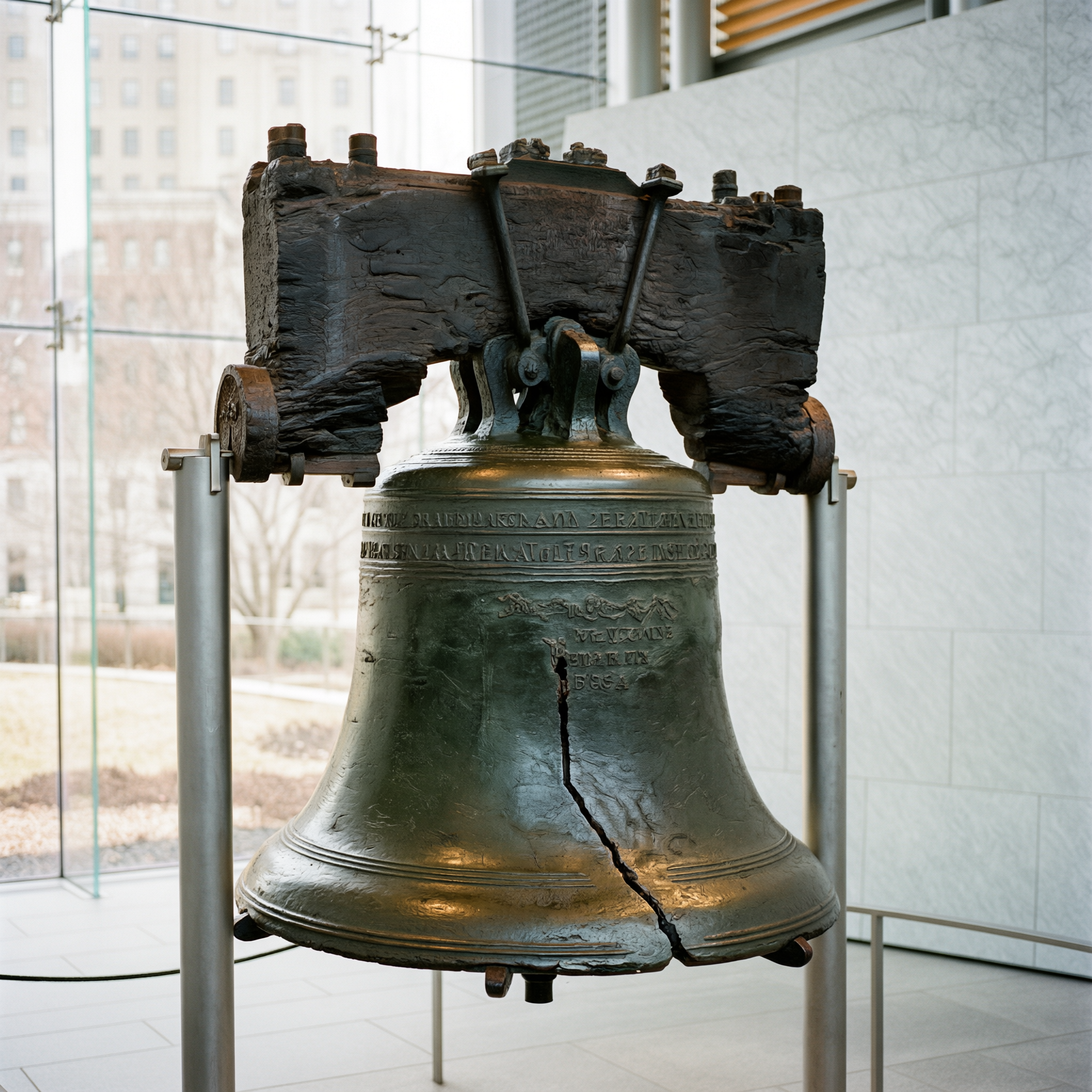 The Liberty Bell displayed in a climate-controlled glass case in Philadelphia's Liberty Bell Center, showing the historic bronze bell with its famous crack and wooden yoke frame