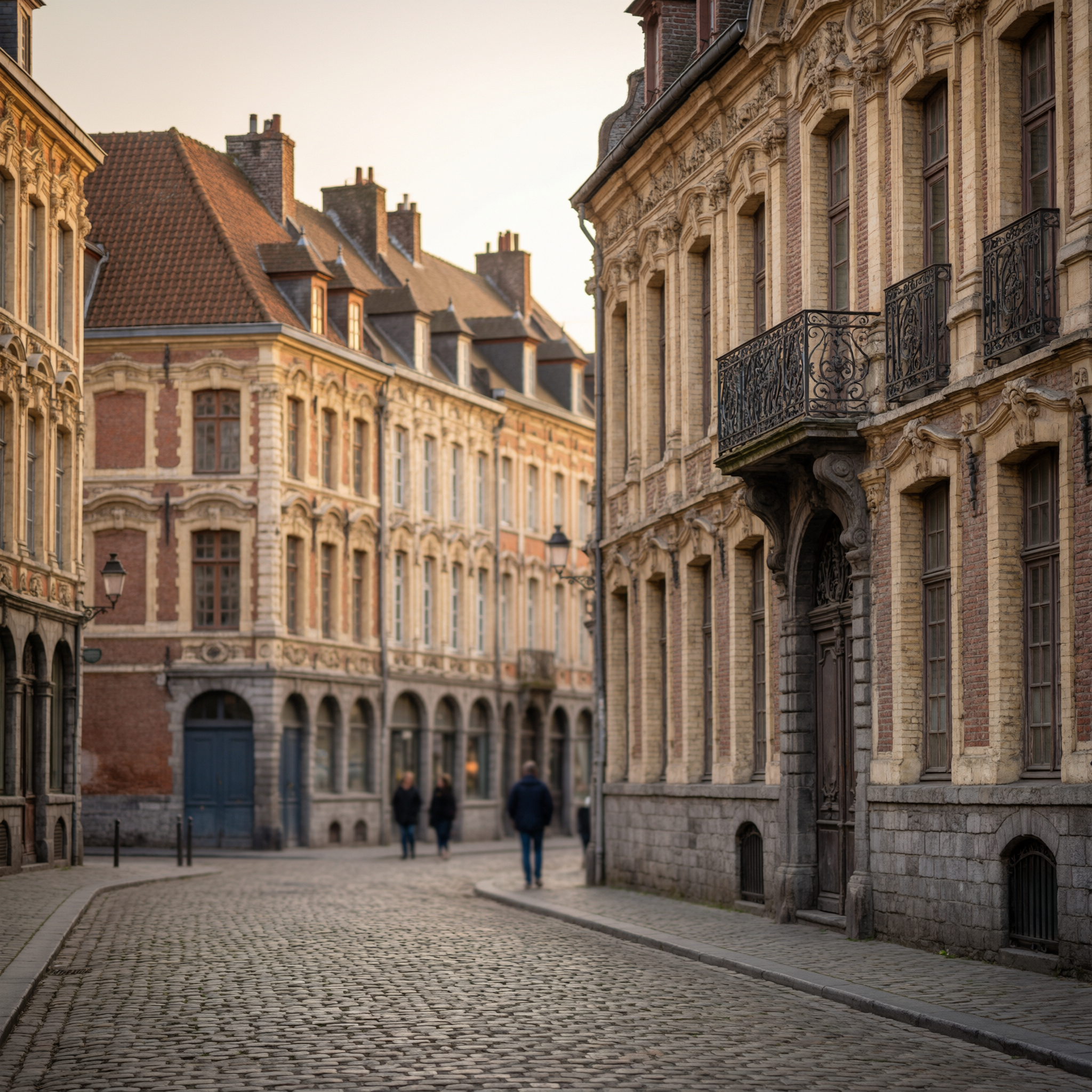 Lille Old Town Exploration 4 A cobblestone street in Lille's historic Old Town district, lined with ornate 17th and 18th-century Flemish architecture featuring mansard roofs, decorative facades, and wrought-iron balconies during golden hour