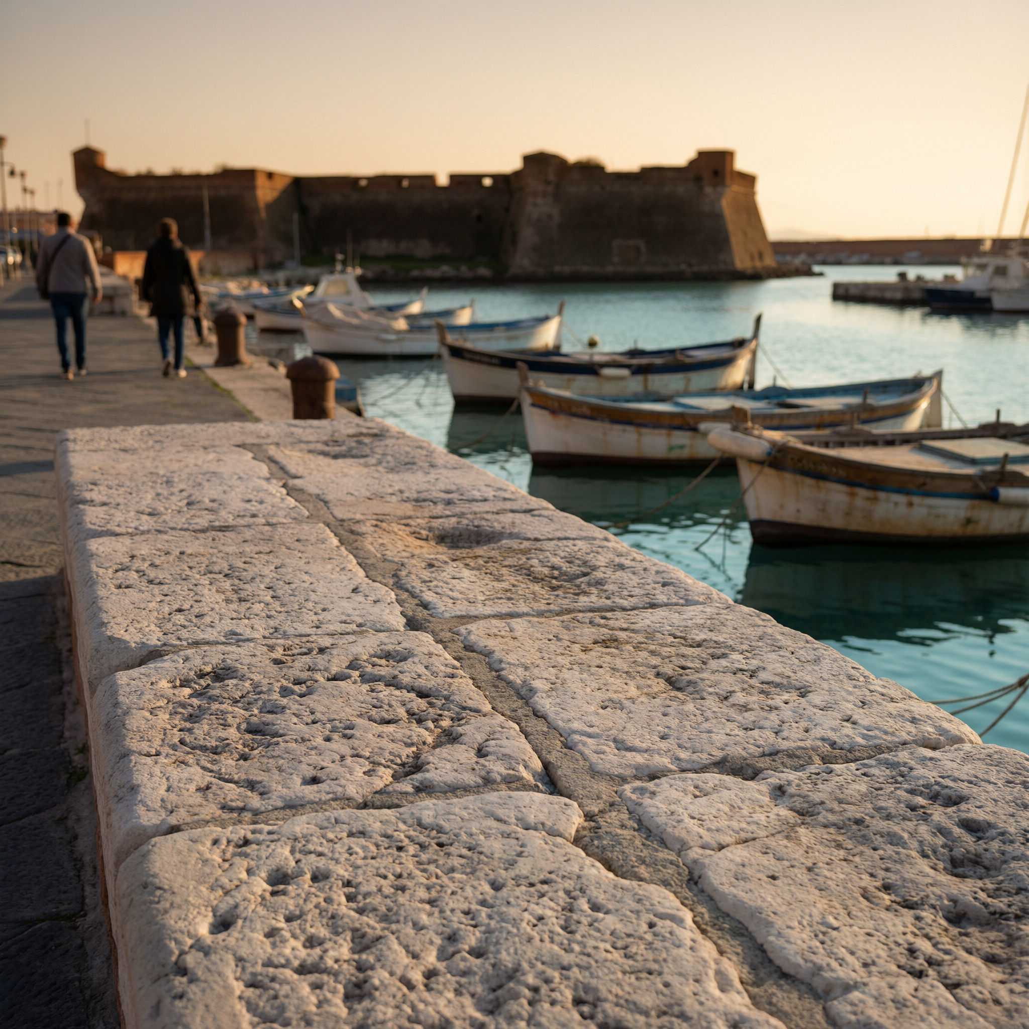 Livorno harbour at golden hour with traditional fishing boats moored in turquoise water, historic fortress in the background, and people walking along the weathered stone quayside