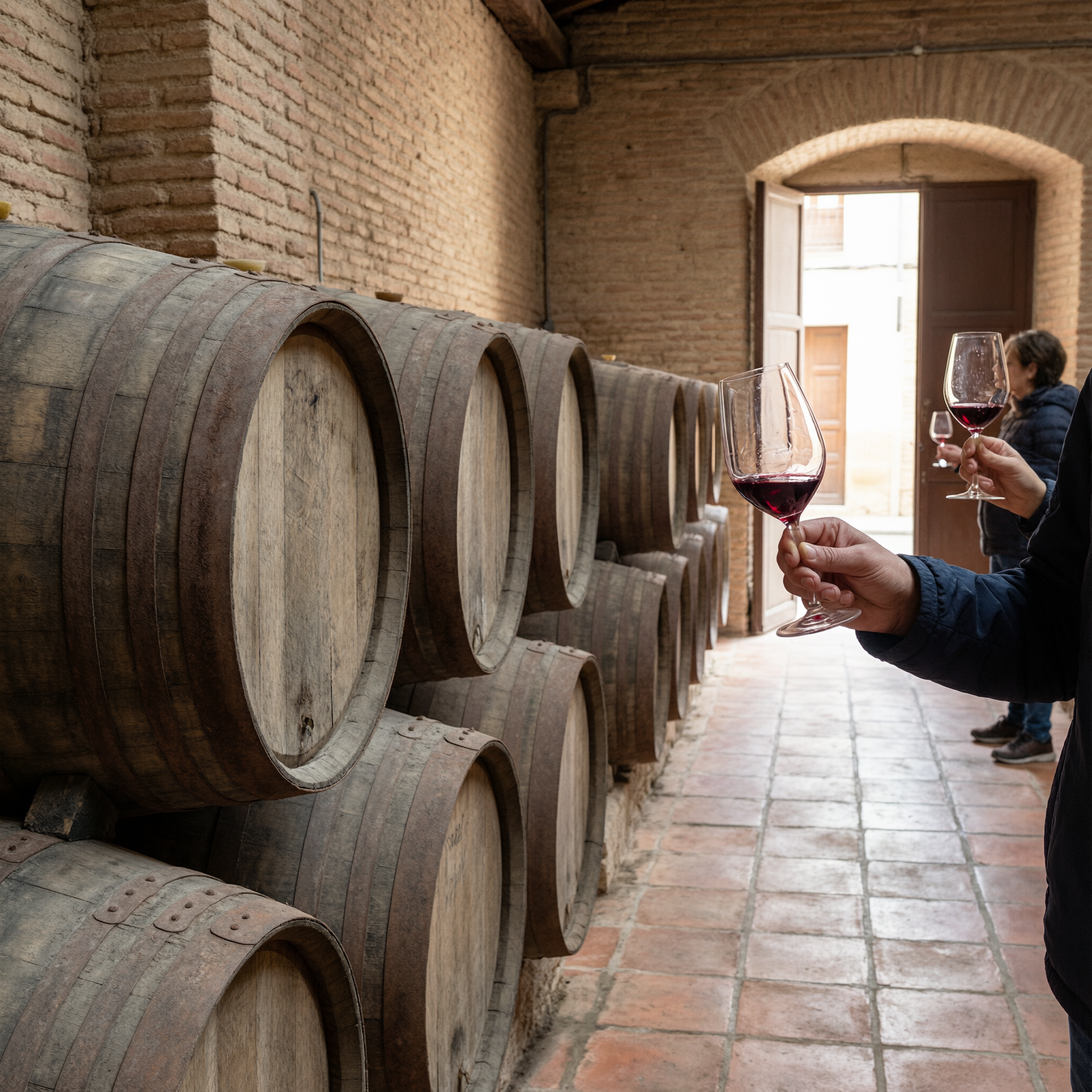 Wine tasting in a Logroño bodega with wooden barrels and glasses of red wine