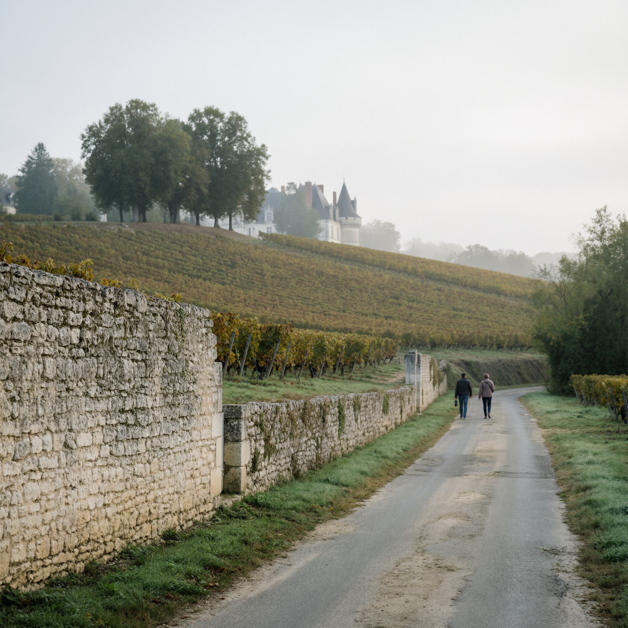 Stone wall lining a rural path with vineyards and a castle visible on a distant hill in the Loire Valley, France