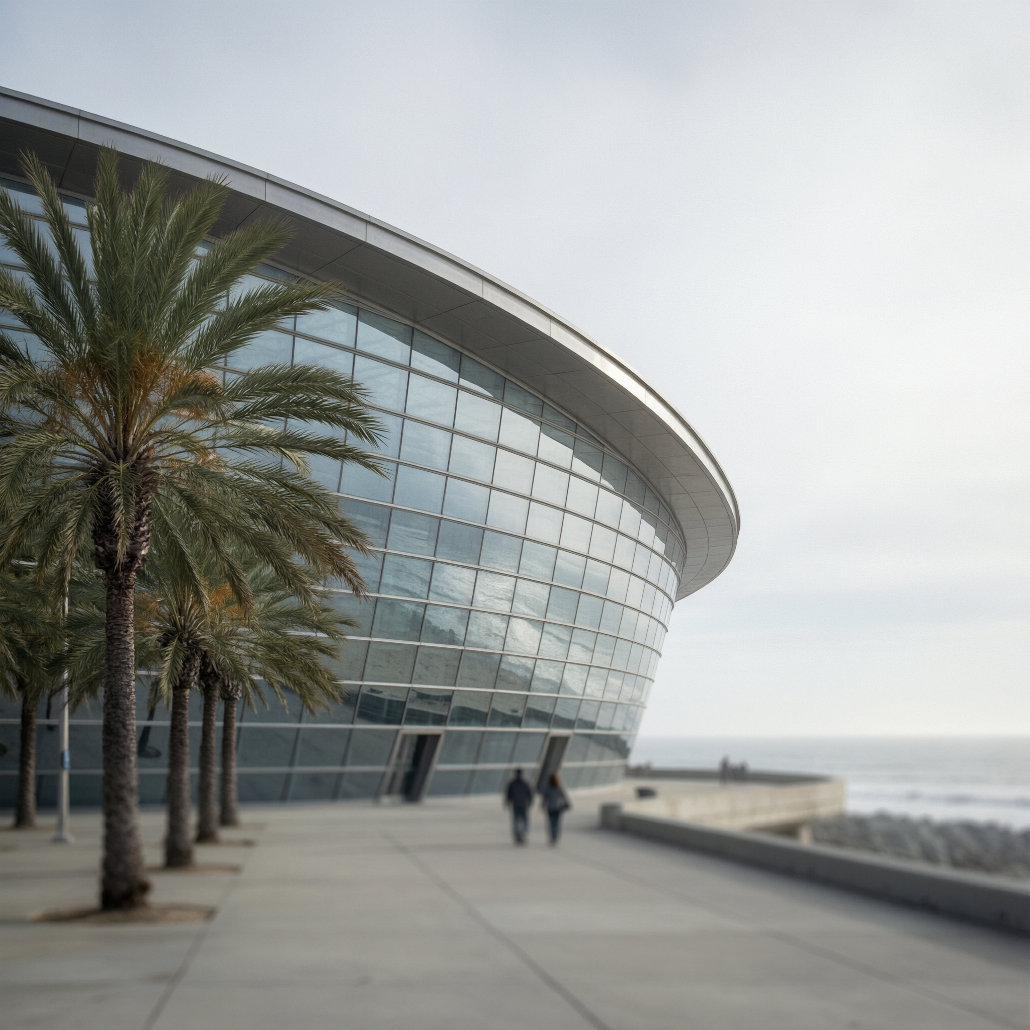 Exterior view of the Long Beach Aquarium with curved glass architecture, palm trees, and ocean in background