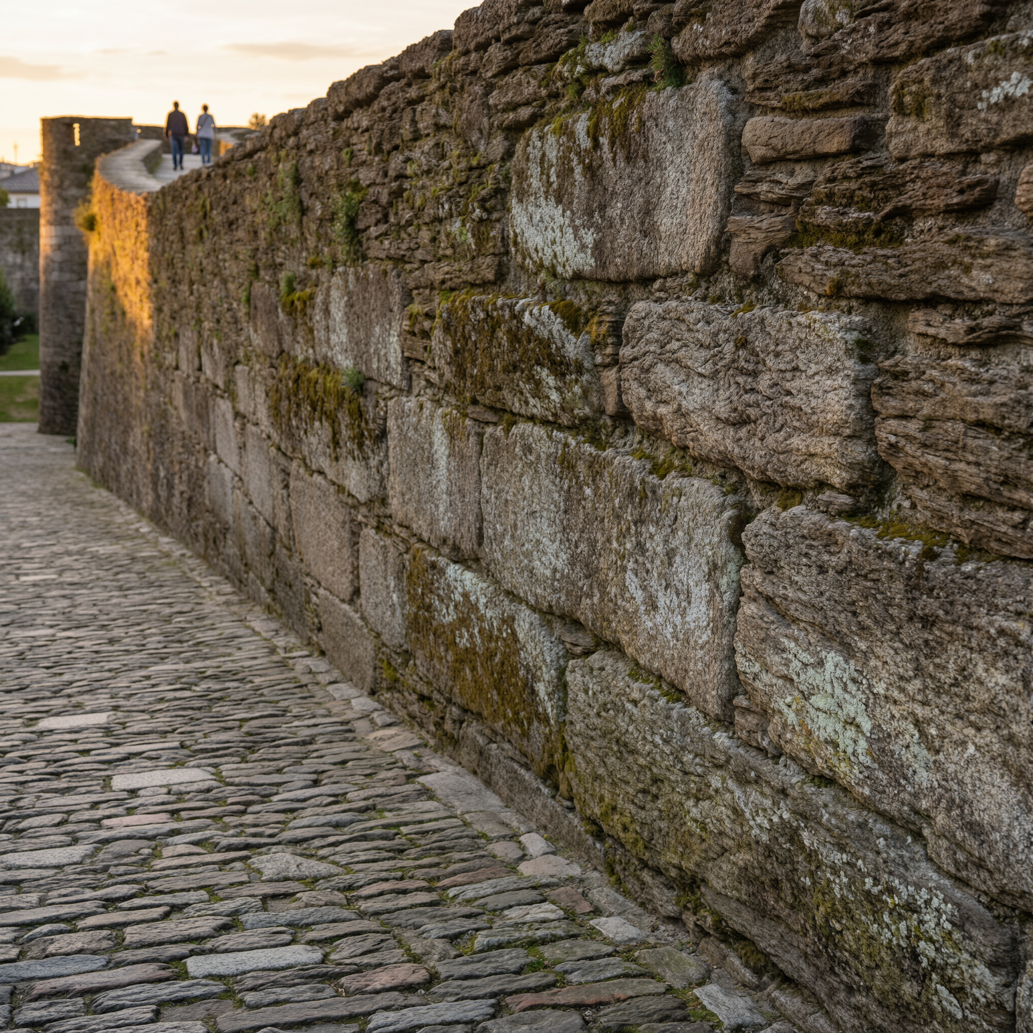 Ancient Roman stone walls covered with moss in Lugo, Spain, with tourists walking along the historic fortifications during golden hour
