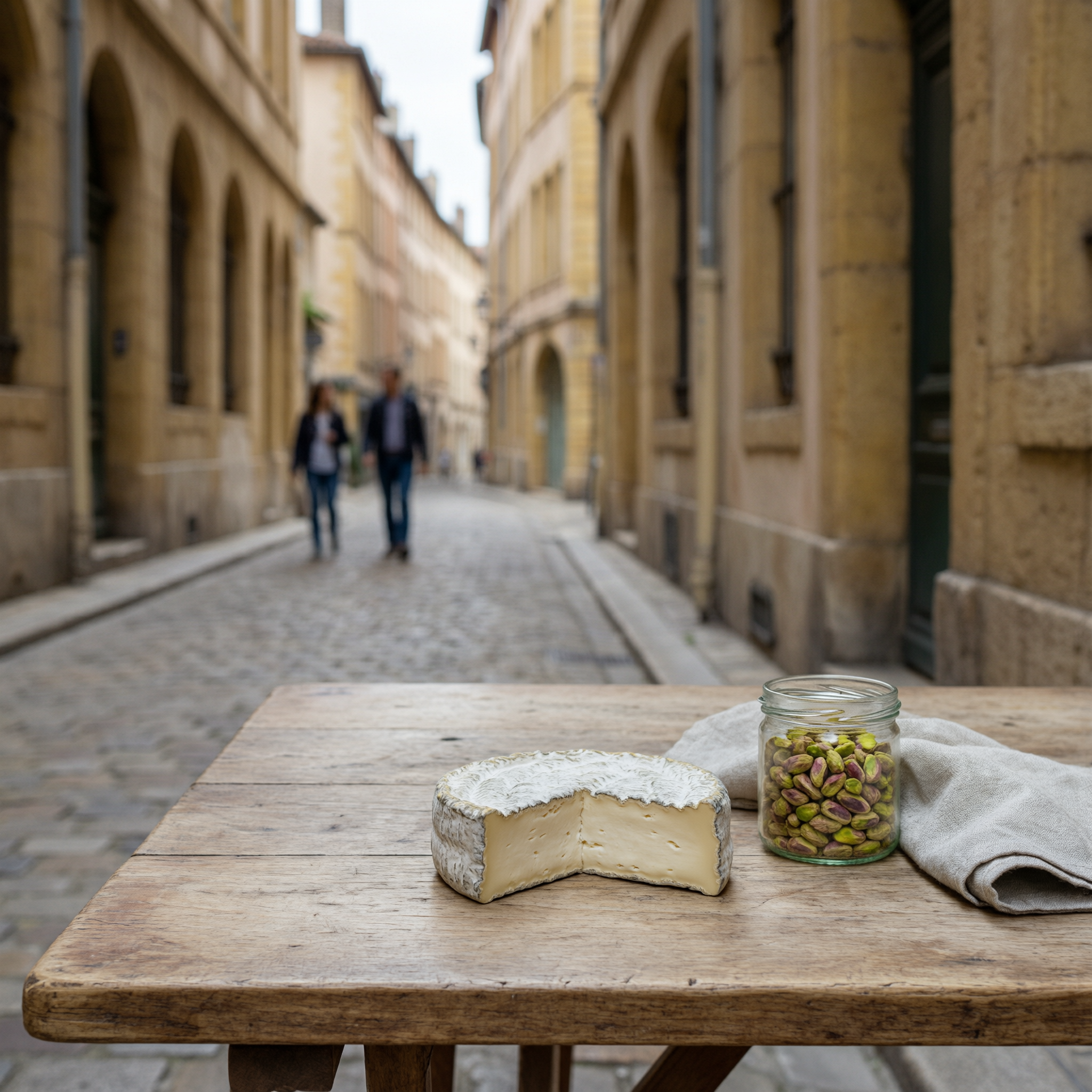 Lyon Gourmet Food Guide 10 French cheese and pistachios displayed on a wooden table in Vieux Lyon's old town street