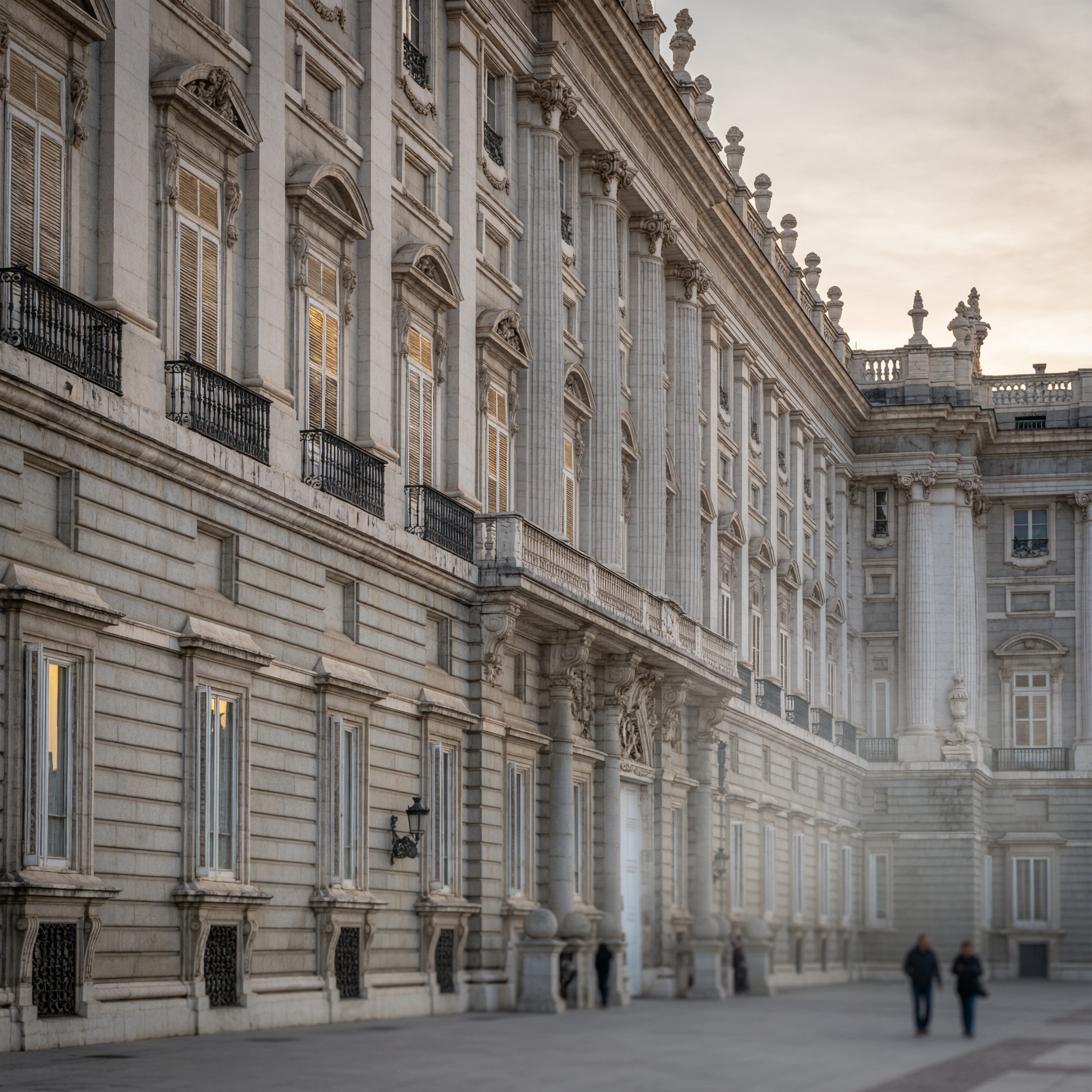 Madrid Royal Palace Tour 8 Exterior facade of the Royal Palace of Madrid showing neoclassical architecture with grand columns, ornate stonework, and a courtyard with a few visitors