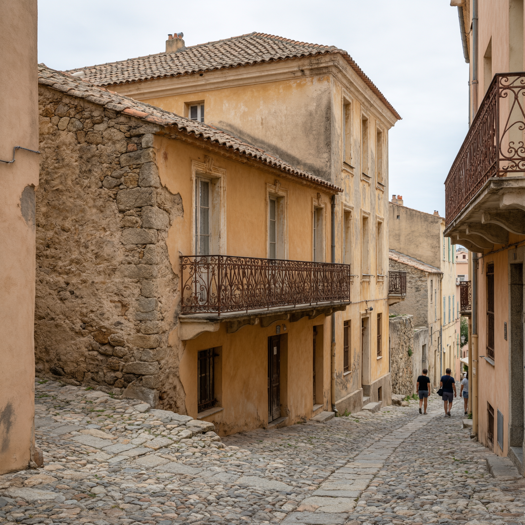 Maison Bonaparte exterior in Ajaccio, Corsica - a yellow ochre building with ornate wrought iron balconies on a narrow cobblestone street
