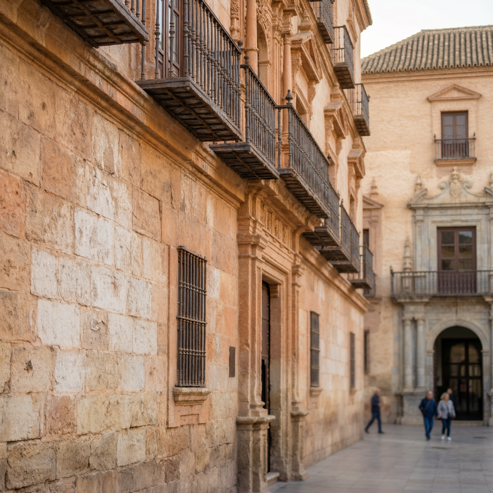 Exterior view of the Palacio de Buenavista in Málaga, a historic Renaissance palace with golden sandstone facade and ornate balconies, housing the Picasso Museum